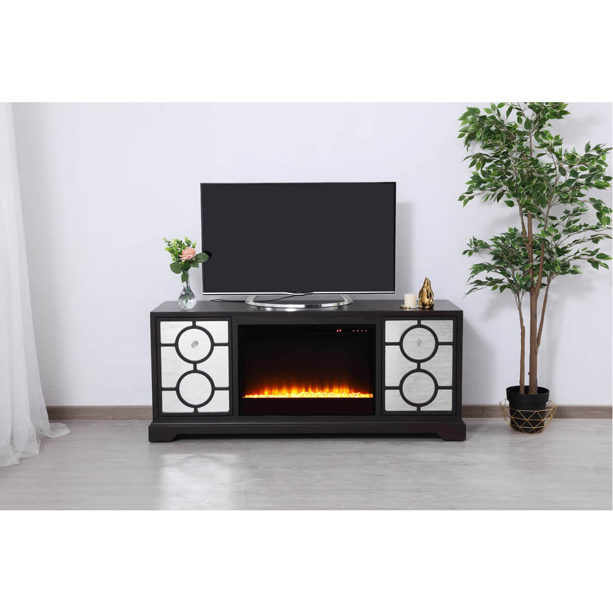 Modern 60" Mirrored TV Stand with Crystal Fireplace Insert