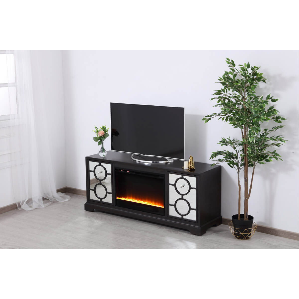 Modern 60" Mirrored TV Stand with Crystal Fireplace Insert