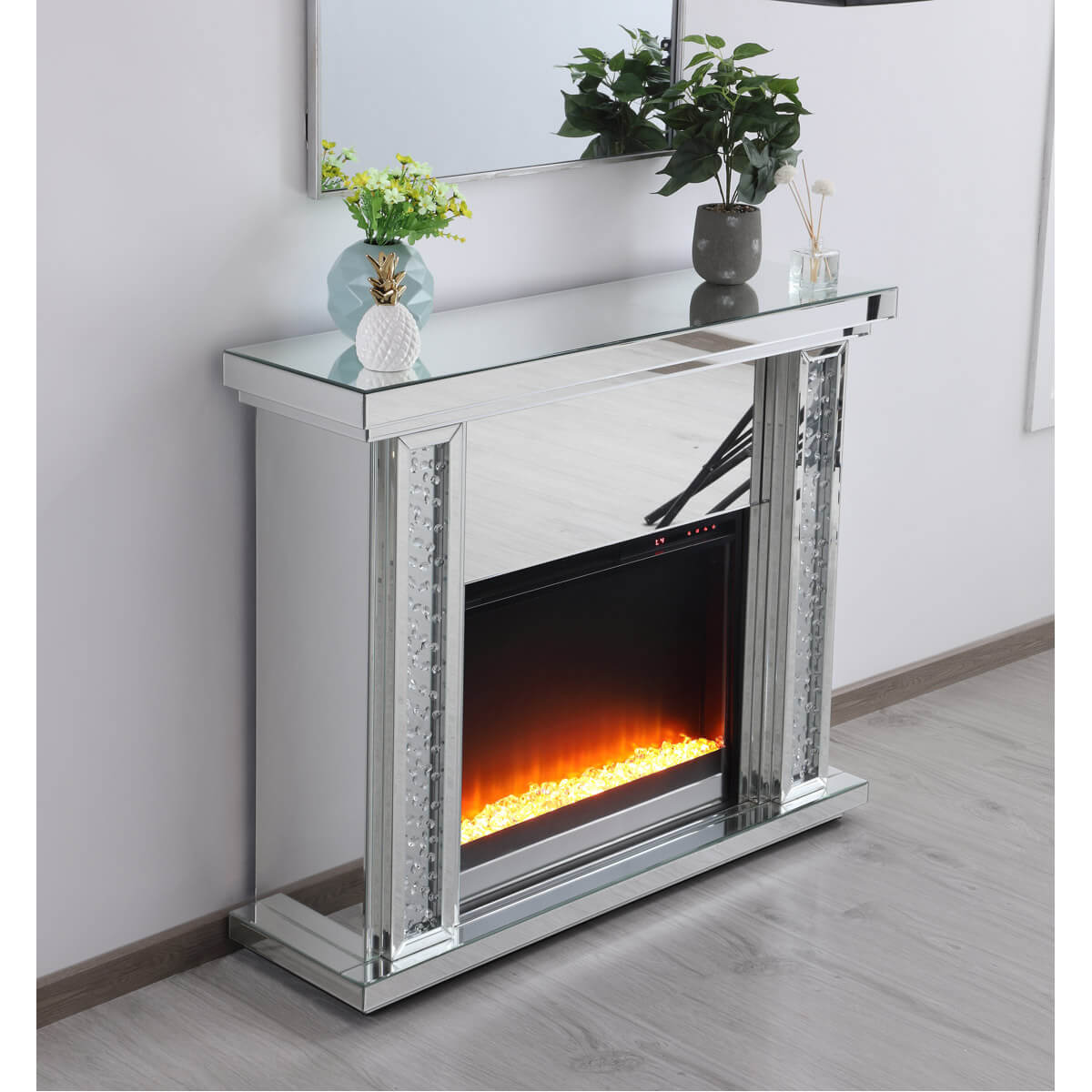 Modern 47.5" Mantle with Crystal Insert Fireplace