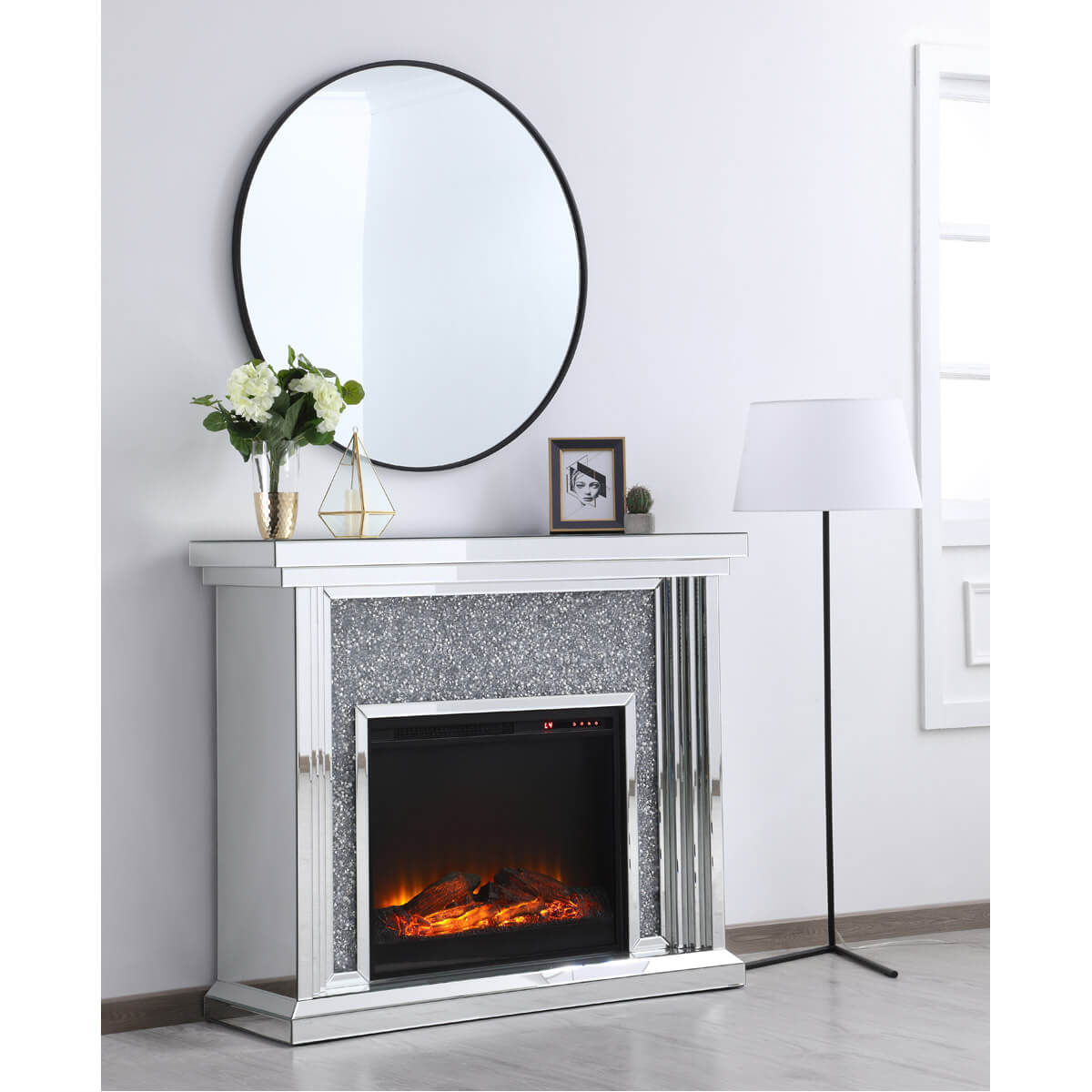 Modern 47.5" Mantle with Wood Log Insert Fireplace, Composition 2