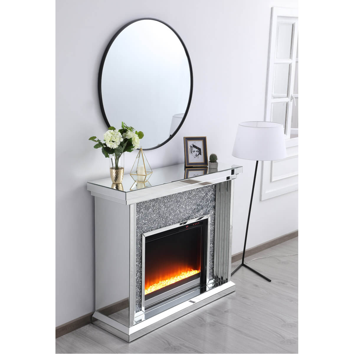 Modern 47.5" Mantle with Crystal Insert Fireplace, Composition 2