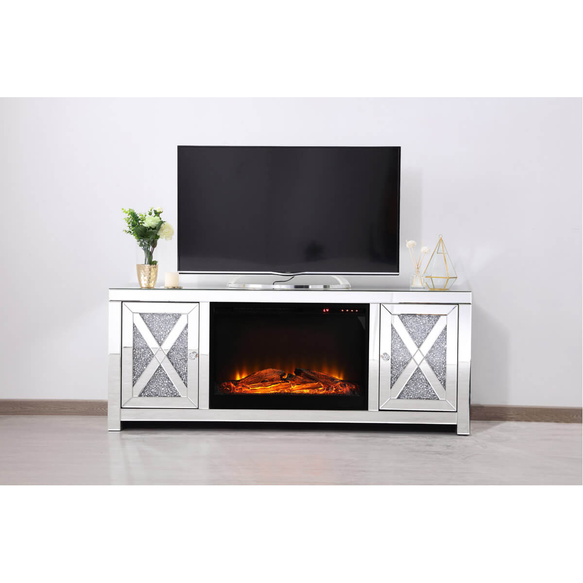 Modern 59" TV Stand with Wood Log Insert Fireplace