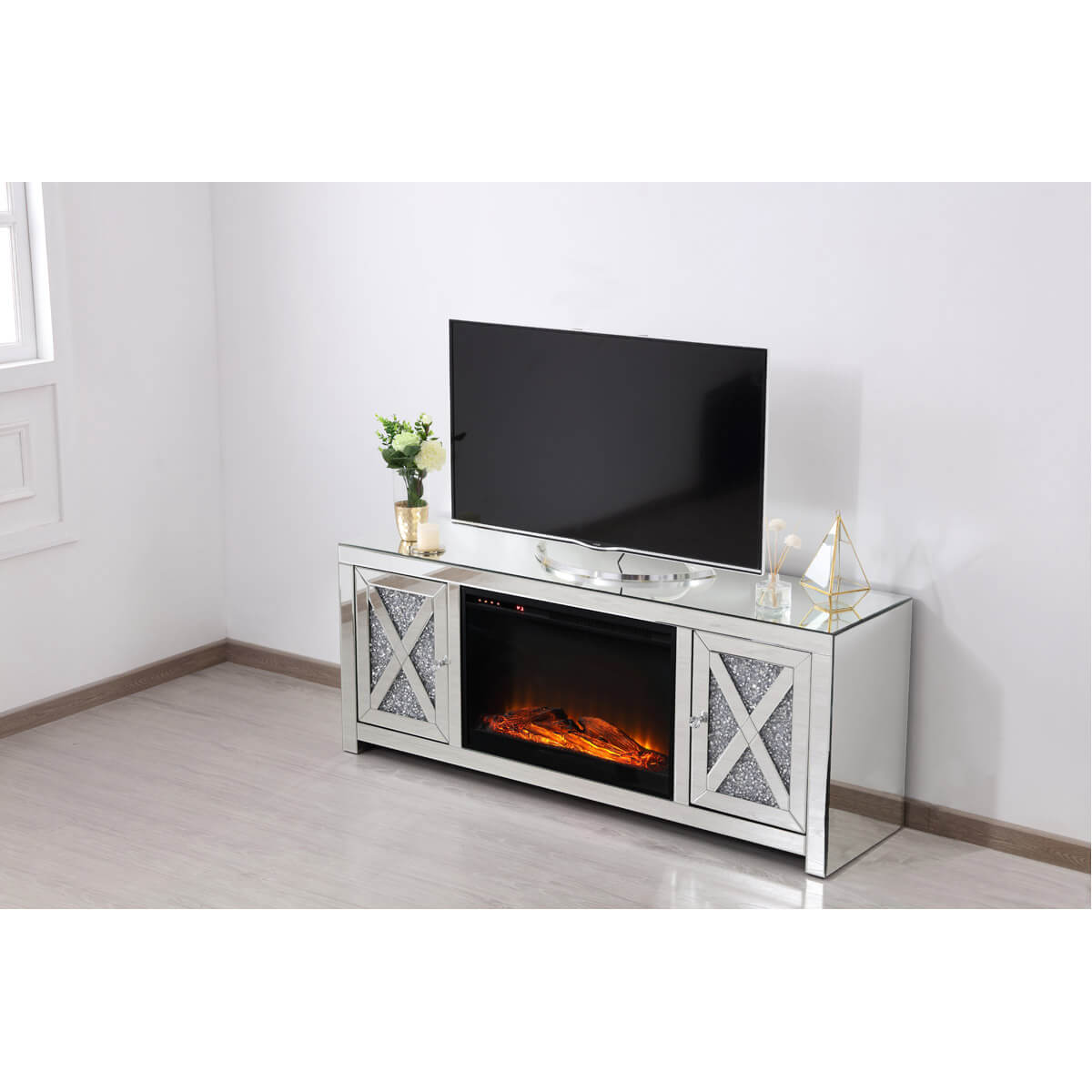 Modern 59" TV Stand with Wood Log Insert Fireplace