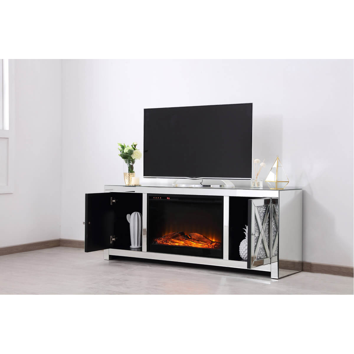 Modern 59" TV Stand with Wood Log Insert Fireplace