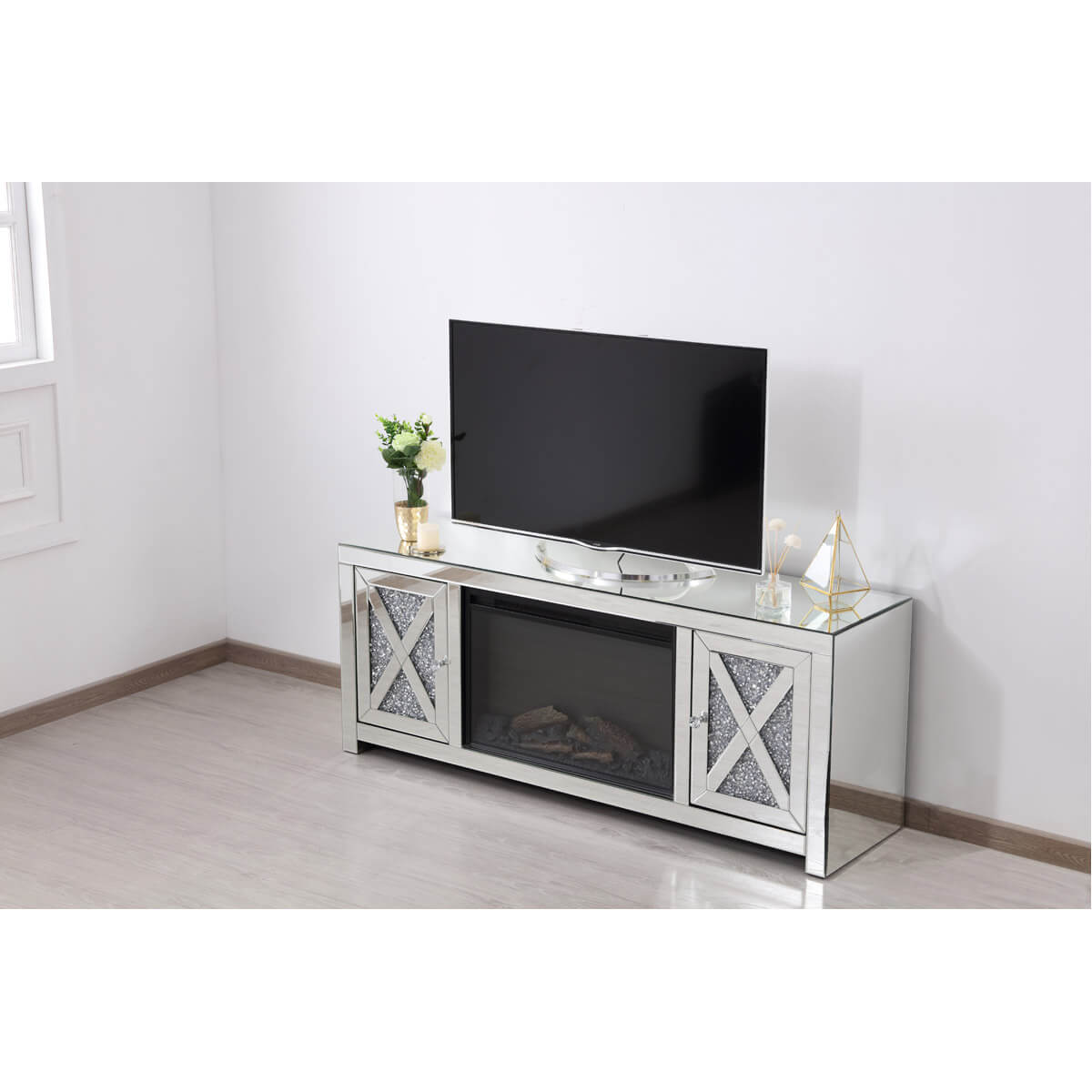 Modern 59" TV Stand with Wood Log Insert Fireplace