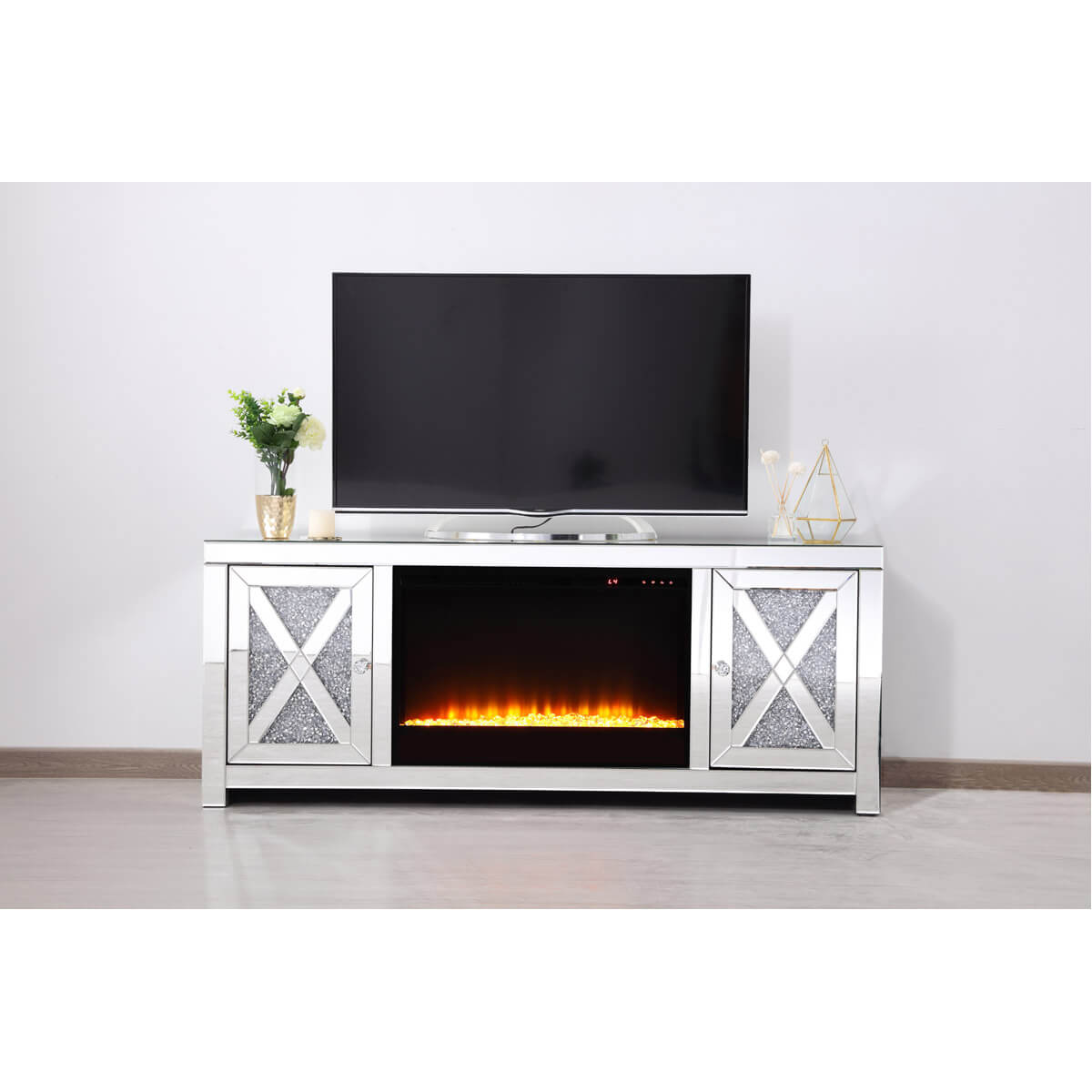 Modern 59" TV Stand with Crystal Insert Fireplace