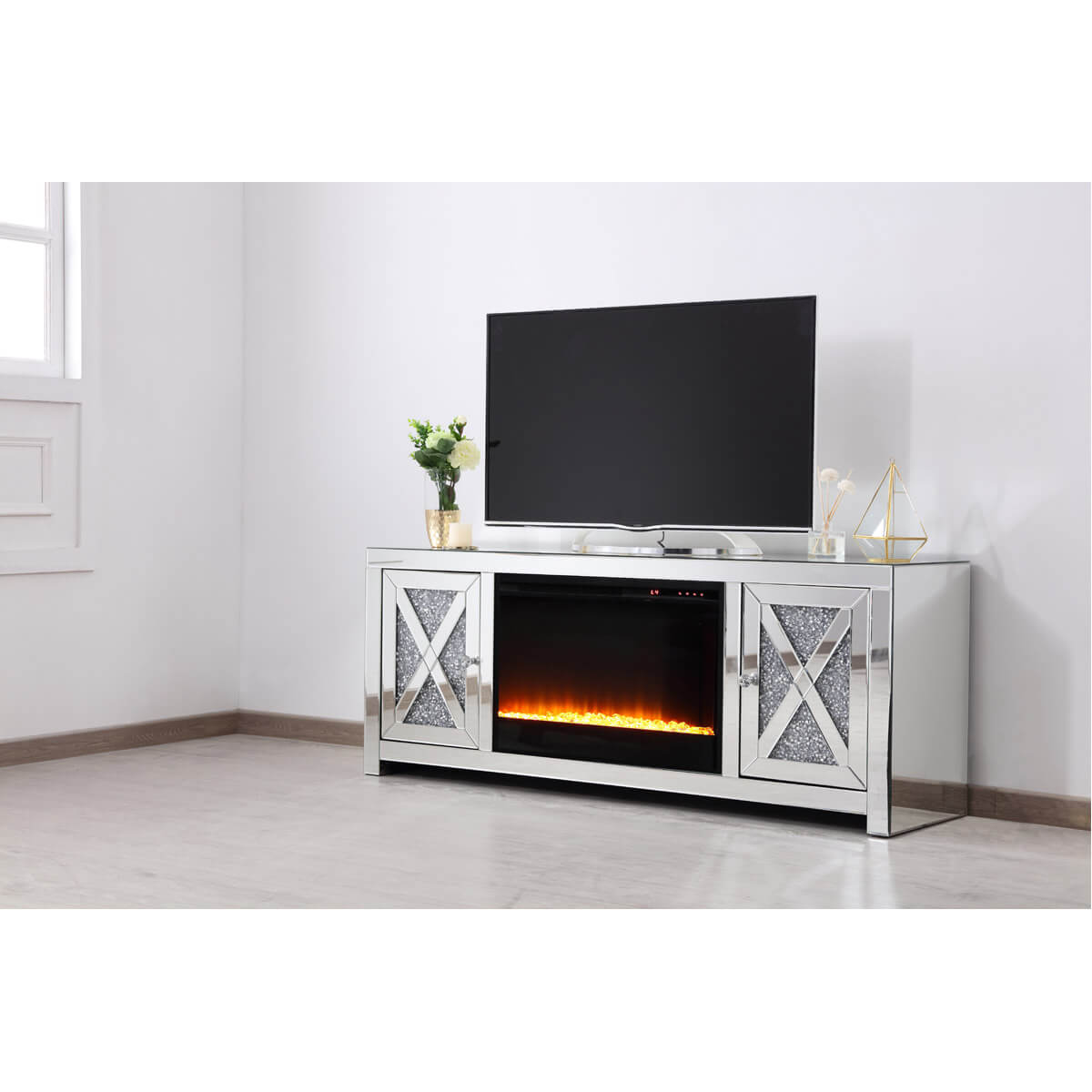 Modern 59" TV Stand with Crystal Insert Fireplace