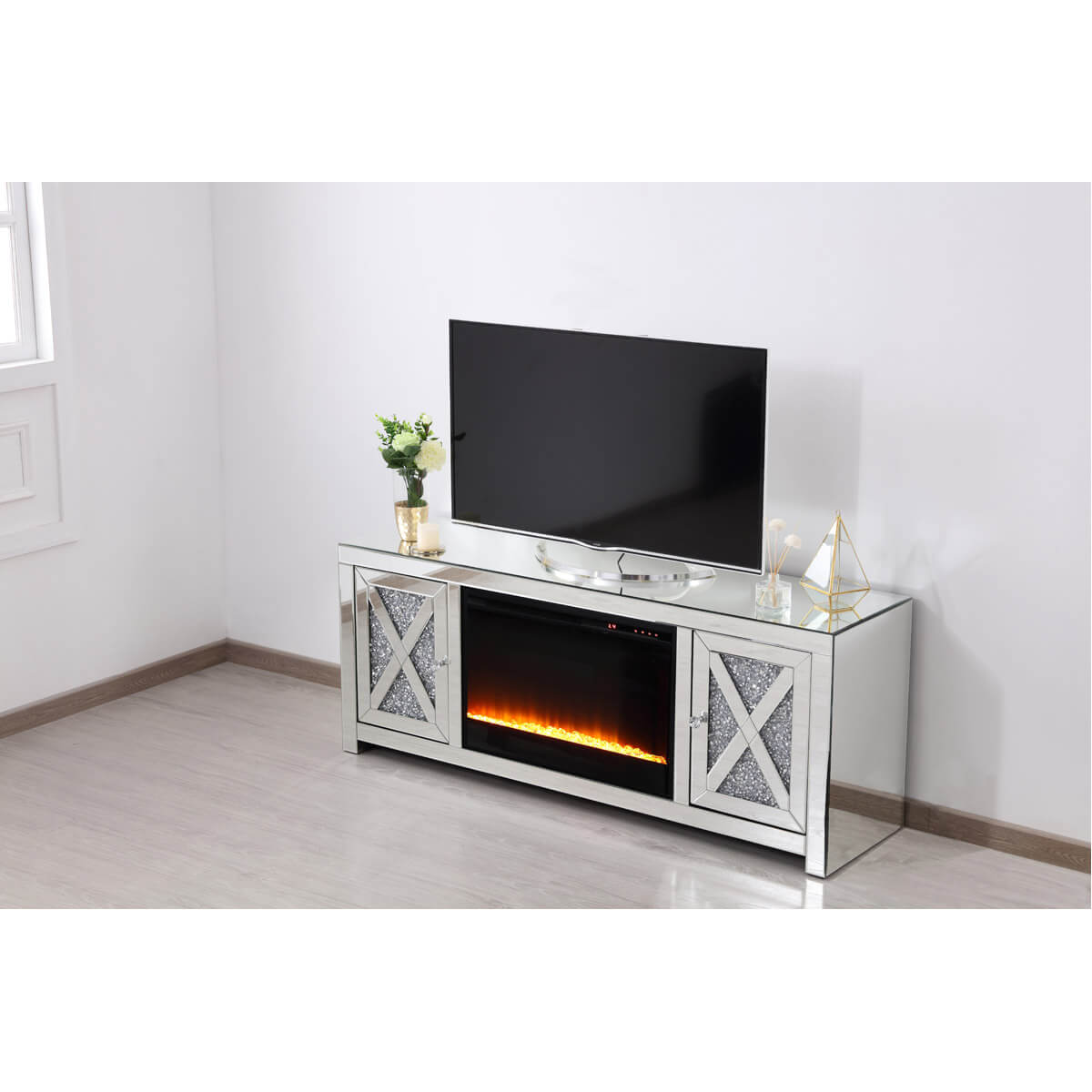 Modern 59" TV Stand with Crystal Insert Fireplace
