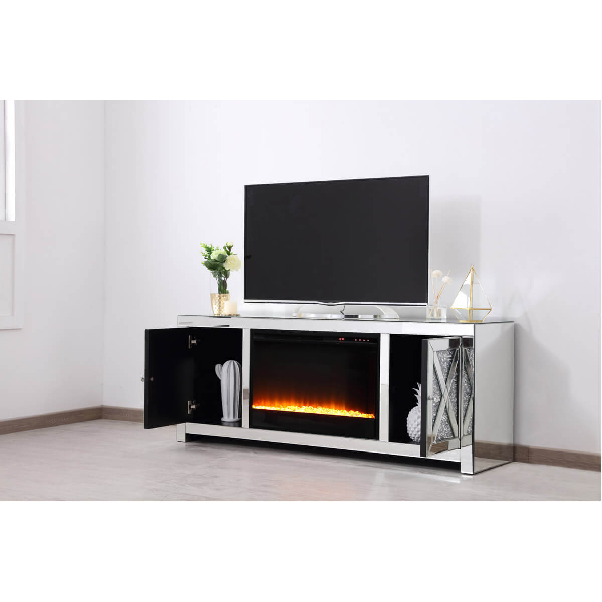 Modern 59" TV Stand with Crystal Insert Fireplace