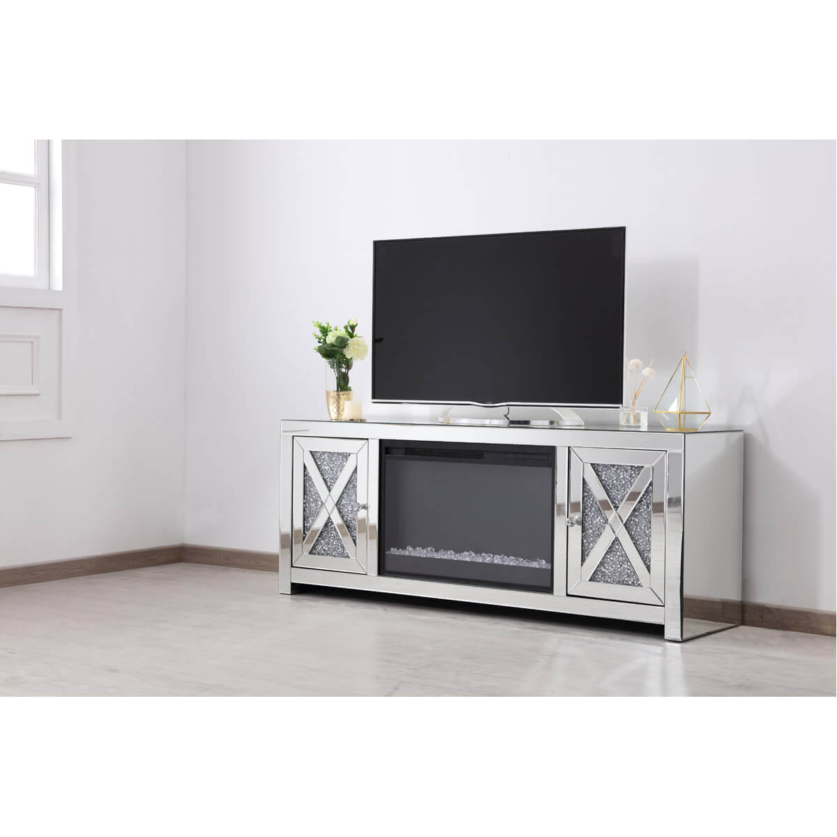 Modern 59" TV Stand with Crystal Insert Fireplace