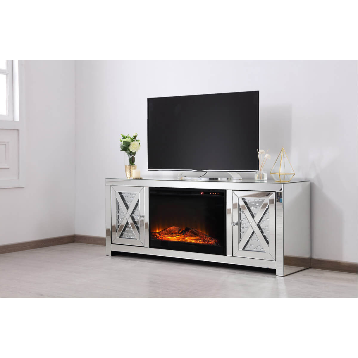 Modern 59" TV Stand with Wood Log Insert Fireplace, Composition 2
