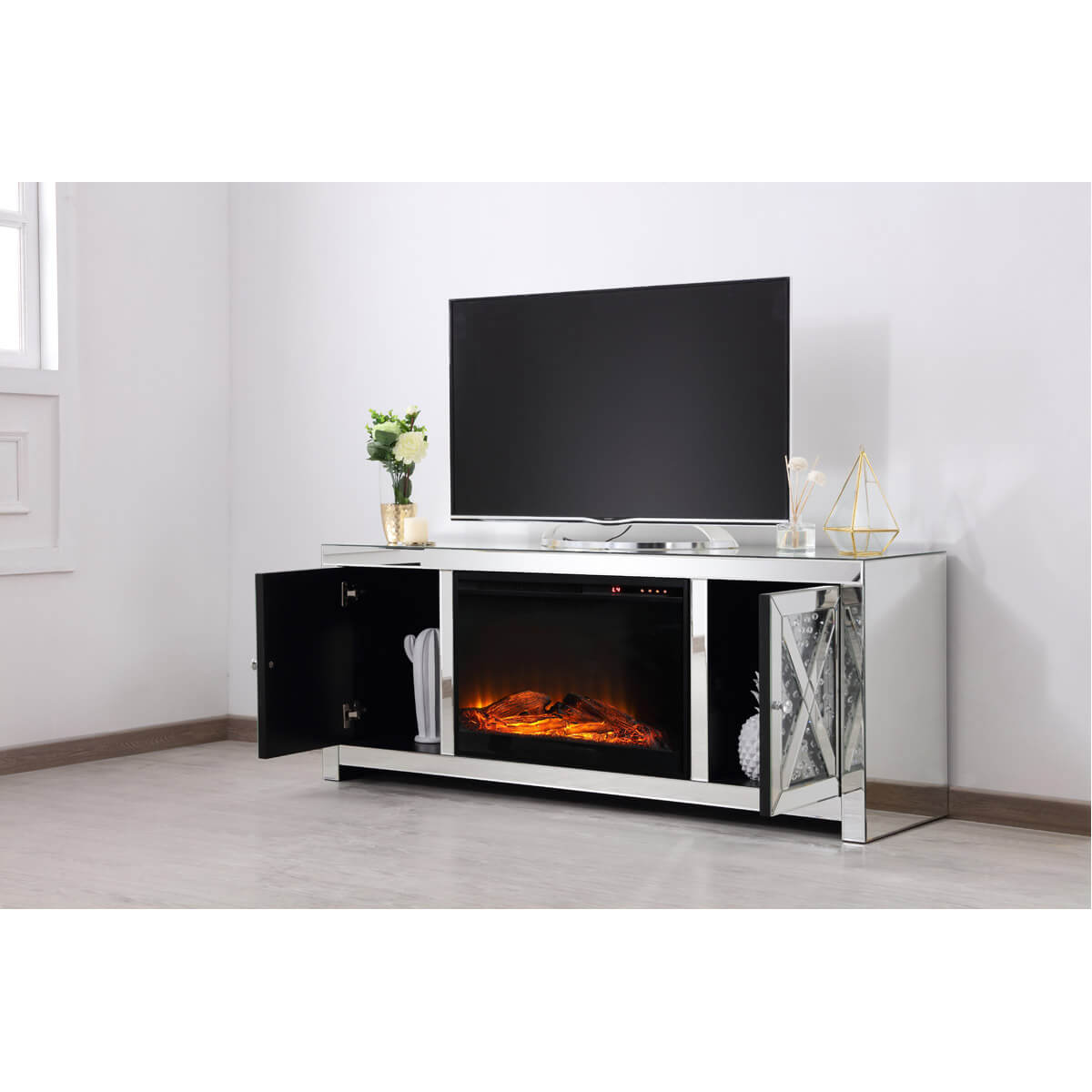 Modern 59" TV Stand with Wood Log Insert Fireplace, Composition 2