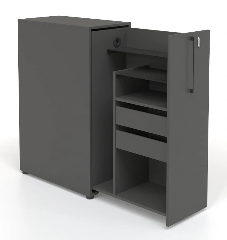 Boxi D32.3" Office Lockable Storage Tower w/1 Shelf, 2 Metal Shelves, 2 Small Drawers & Power Socket, Right Hand