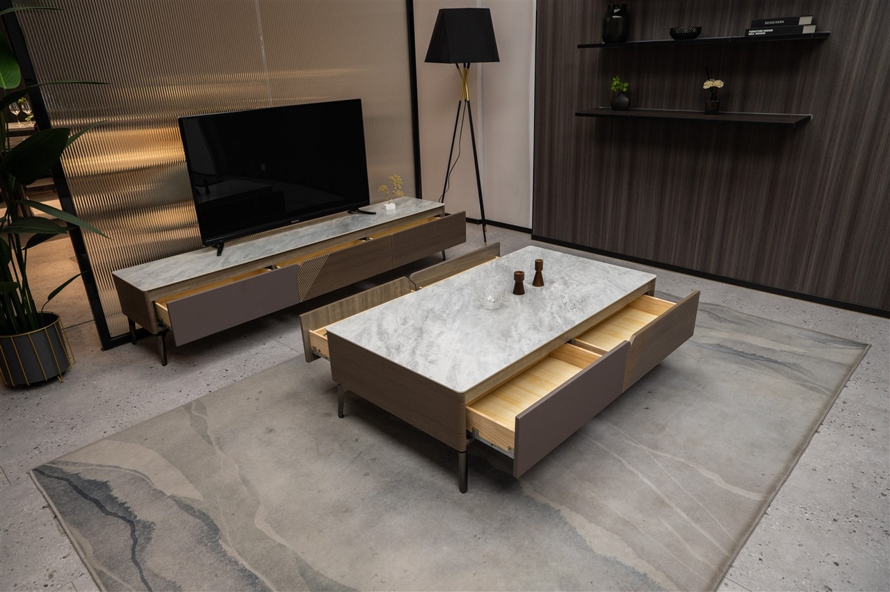 Mia Storage TV Stand with Carrera Style Porcelain Top