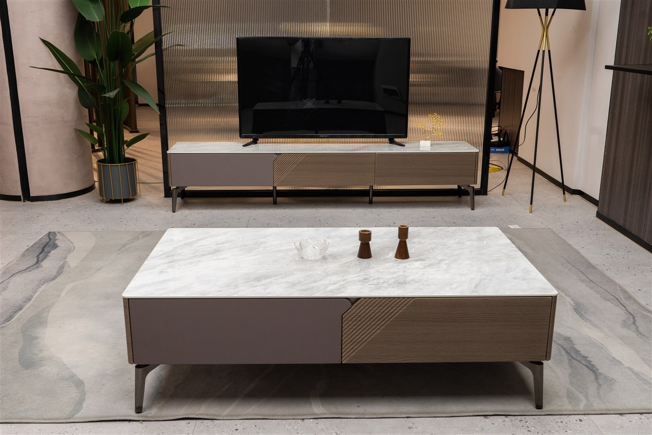 Mia Storage TV Stand with Carrera Style Porcelain Top