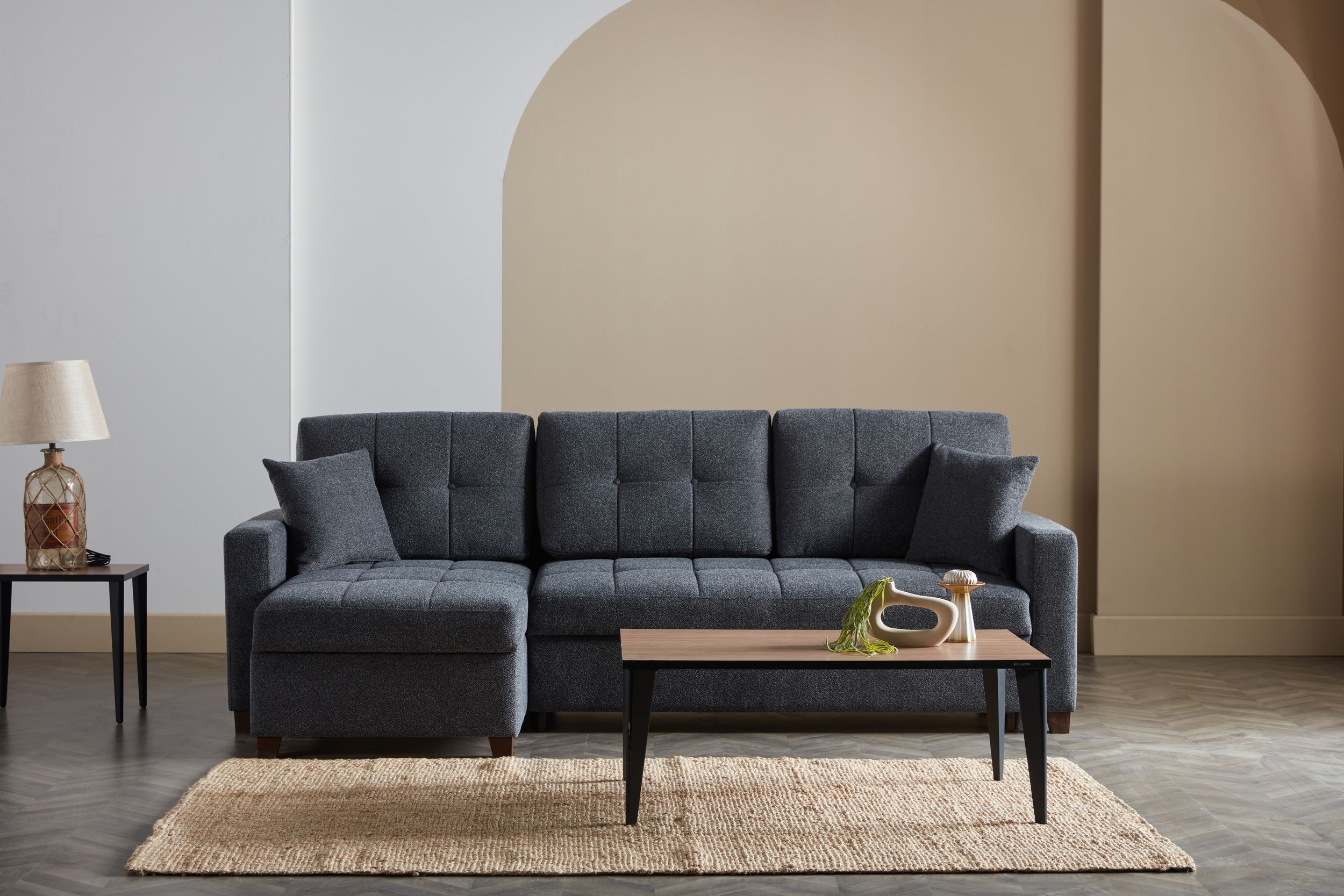 Mocca Fabric Reversible Sofa Chaise With Table