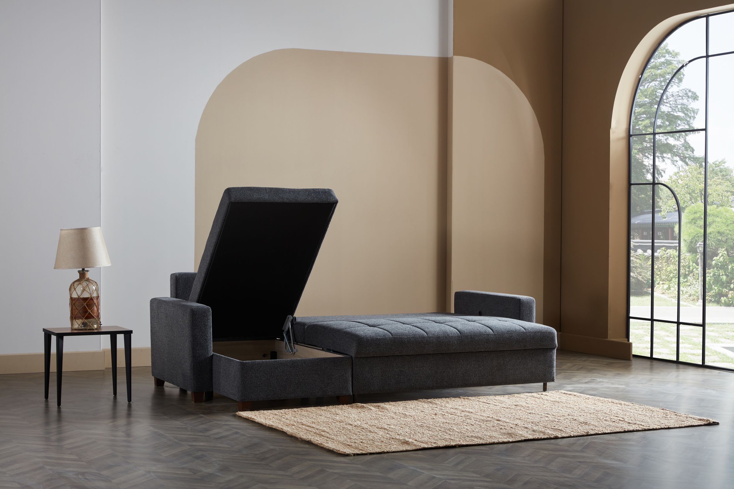 Mocca Fabric Reversible Sofa Bed And Chaise Storage