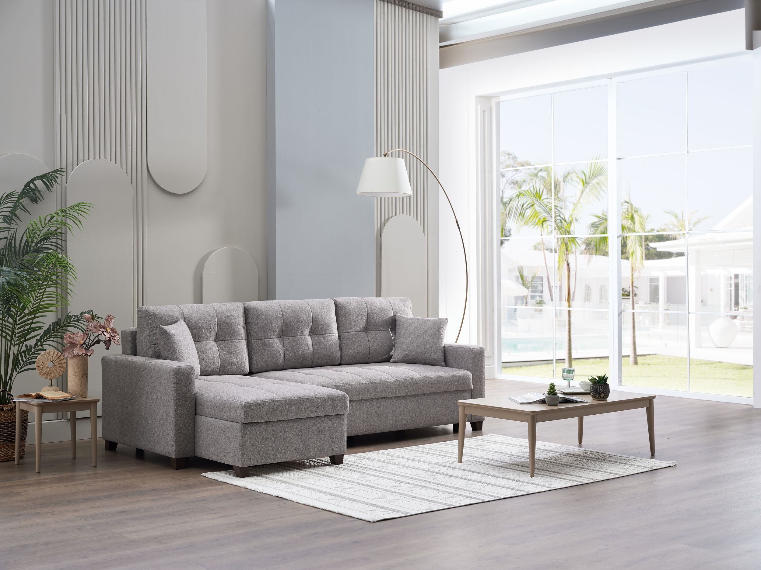 Mocca Fabric Reversible Sofa With Chaise And Table