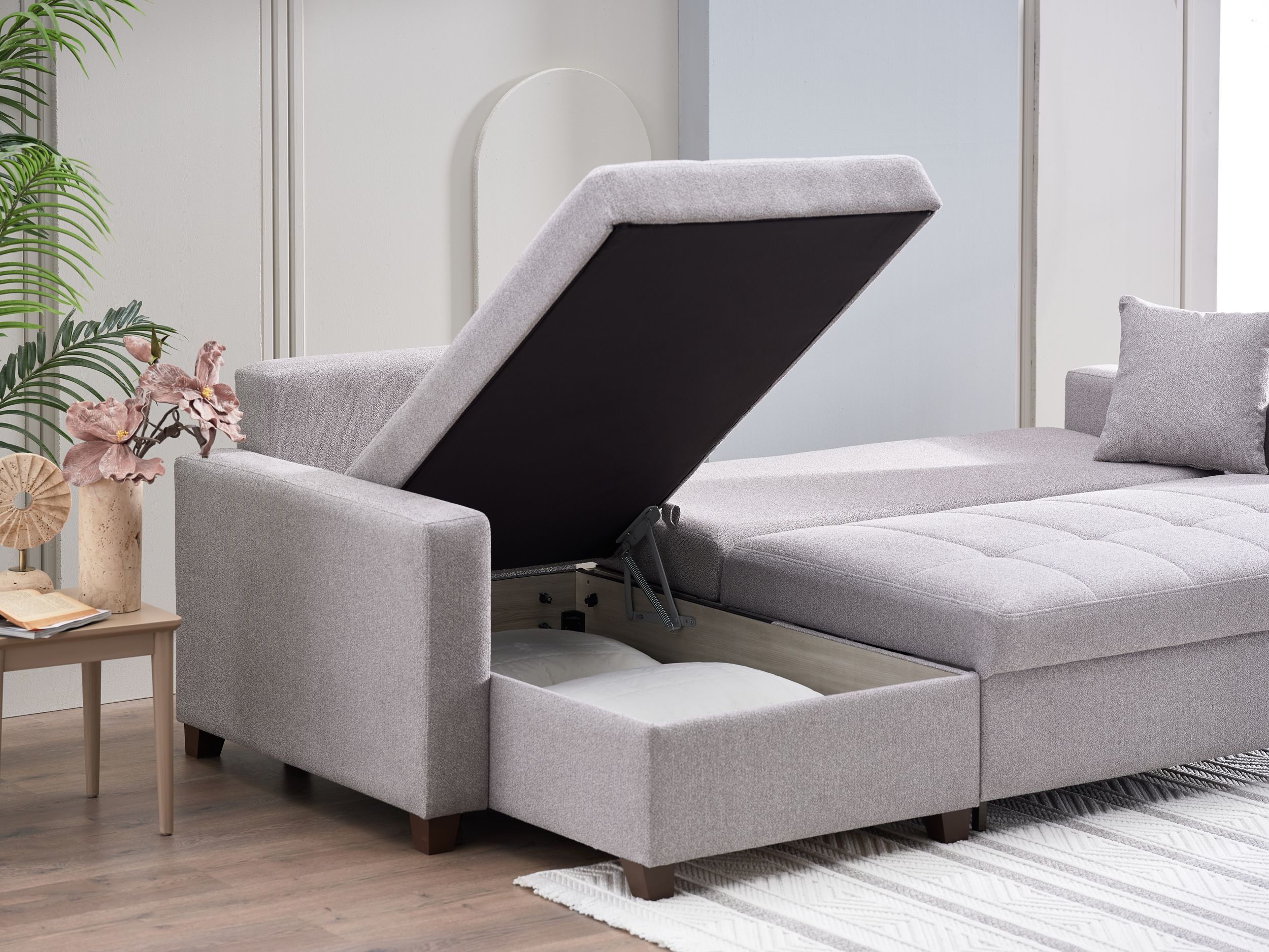 Mocca Fabric Sleeper Sofa With Chaise Storage