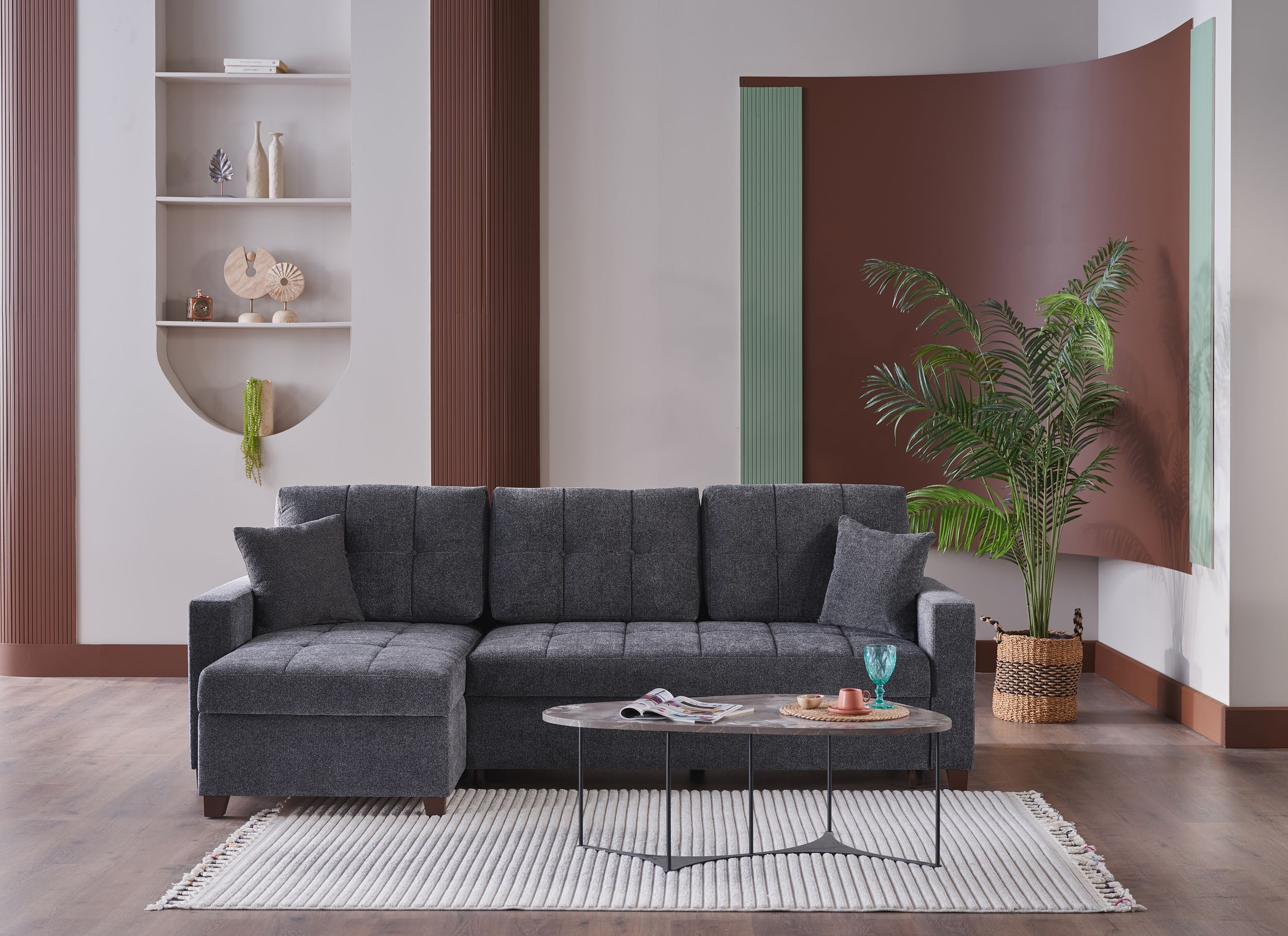 Mocca Chenille Fabric Reversible Sleeper Storage Sectional