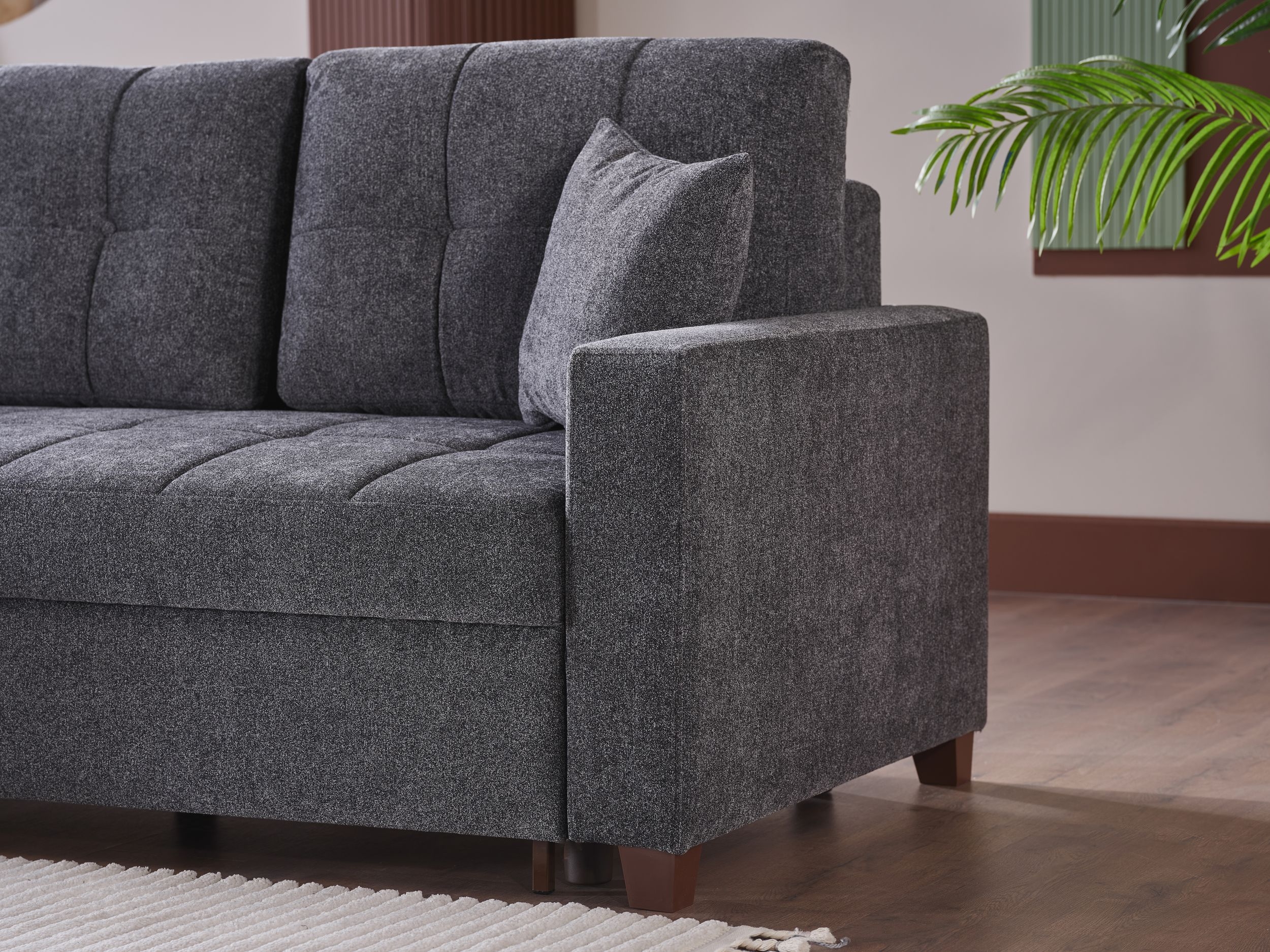 Mocca Chenille Fabric Reversible Sleeper Storage Sectional