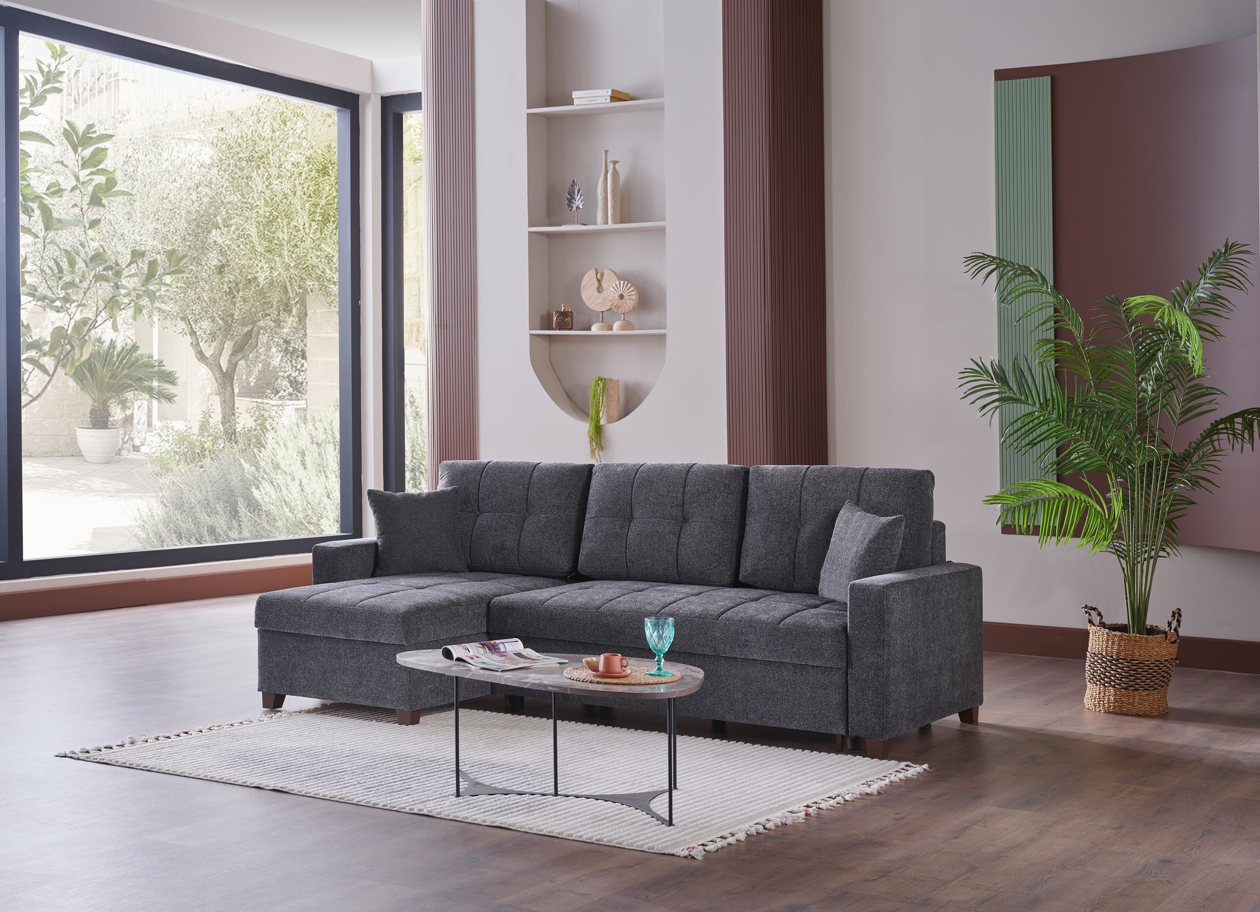 Mocca Chenille Fabric Reversible Sleeper Storage Sectional
