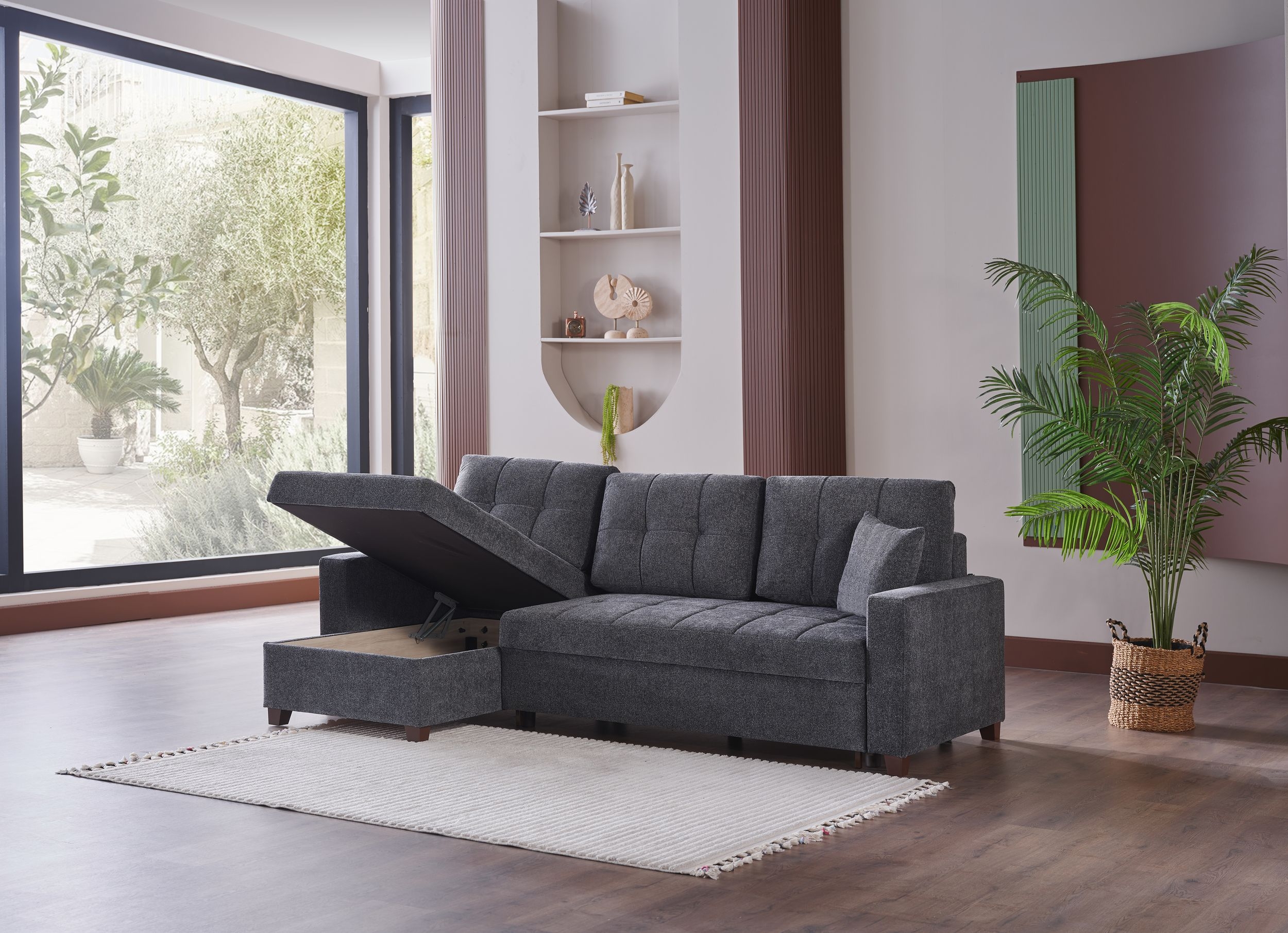 Mocca Chenille Fabric Reversible Sleeper Storage Sectional