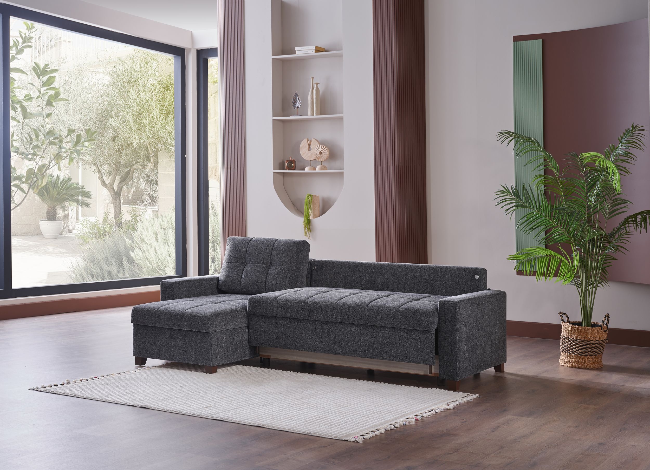 Mocca Chenille Fabric Reversible Sleeper Storage Sectional