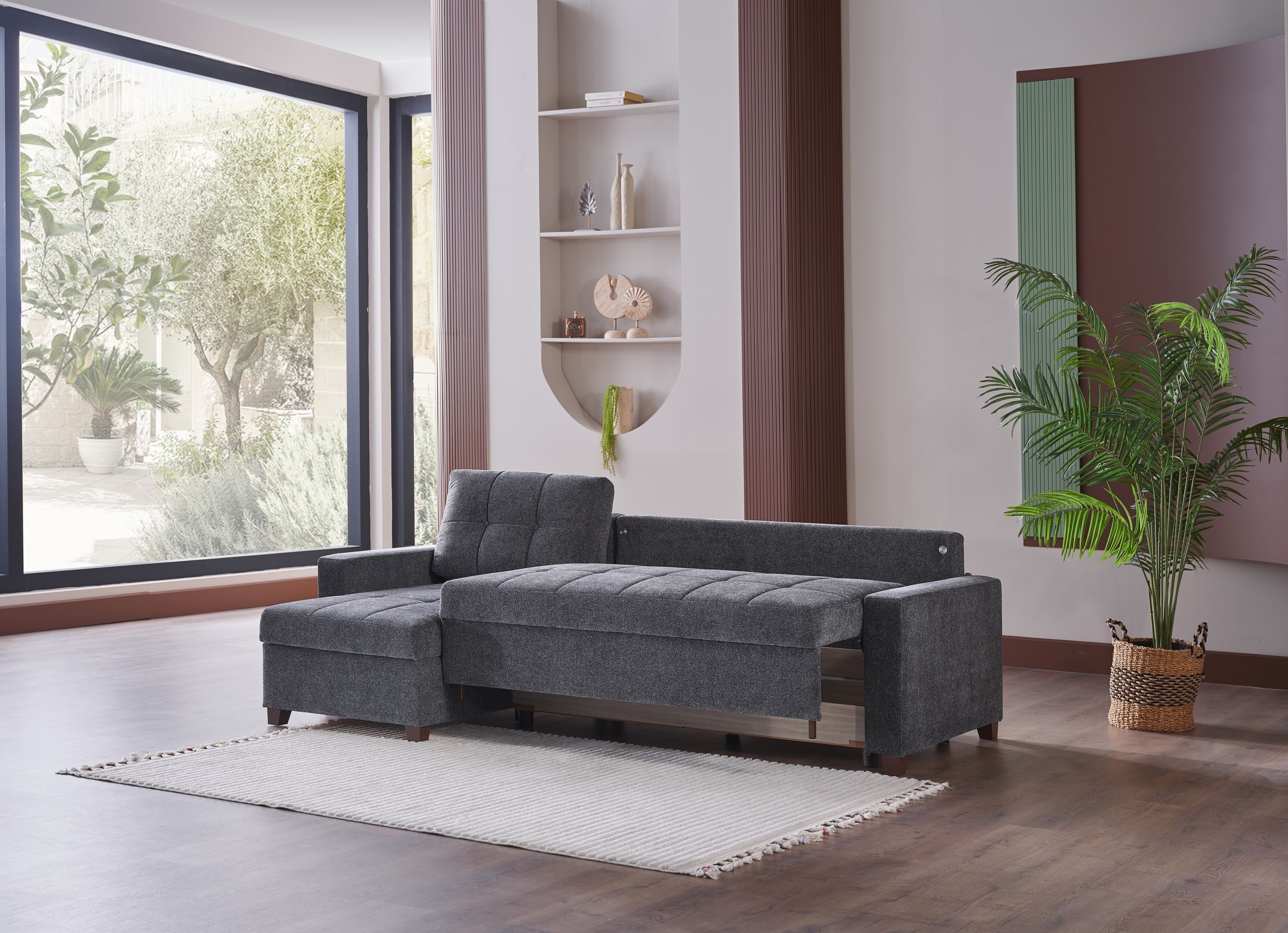 Mocca Chenille Fabric Reversible Sleeper Storage Sectional