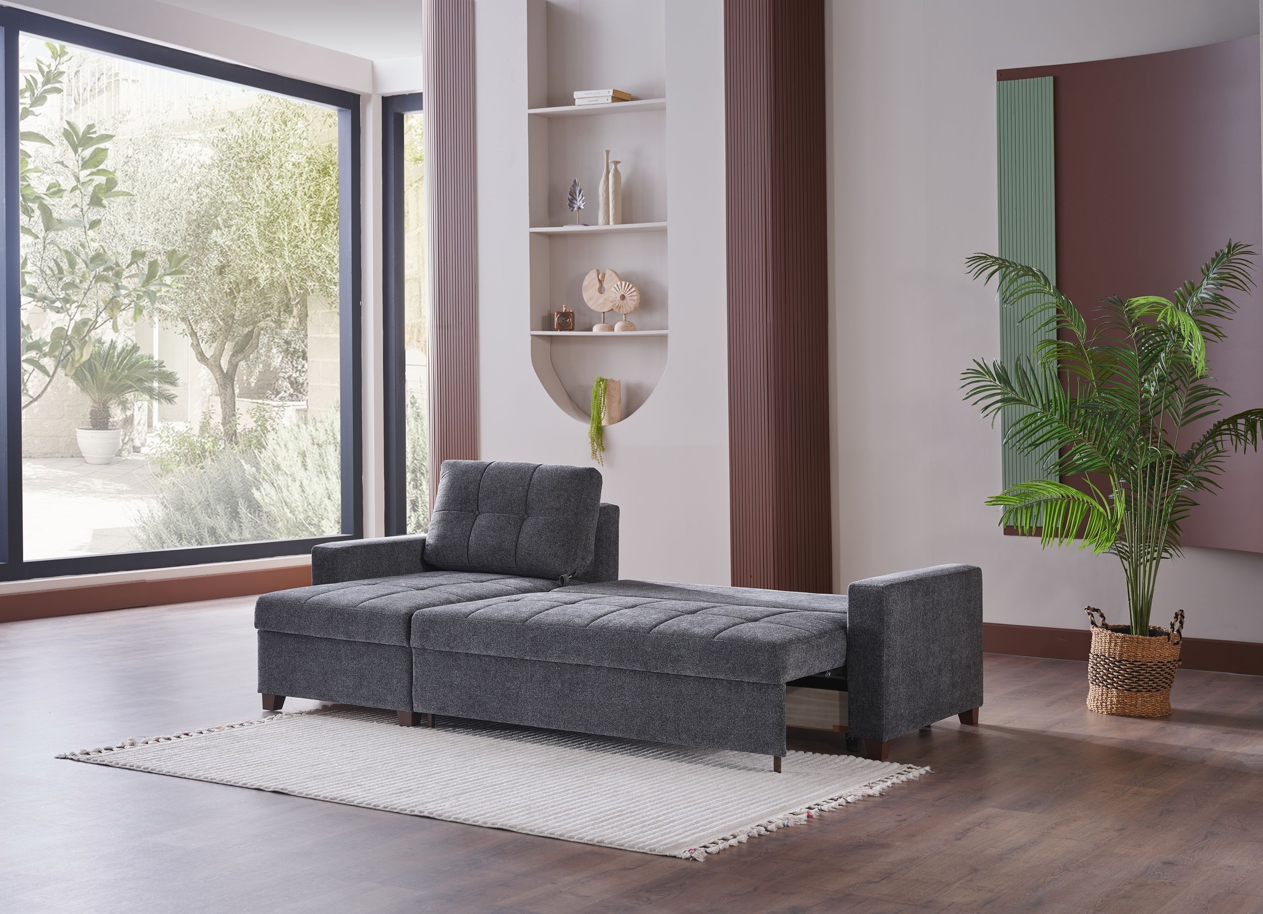 Mocca Chenille Fabric Reversible Sleeper Storage Sectional