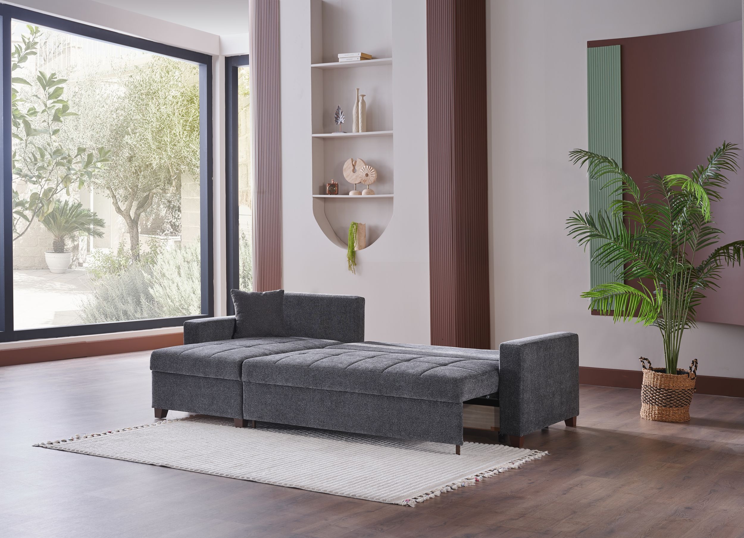 Mocca Chenille Fabric Reversible Sleeper Storage Sectional