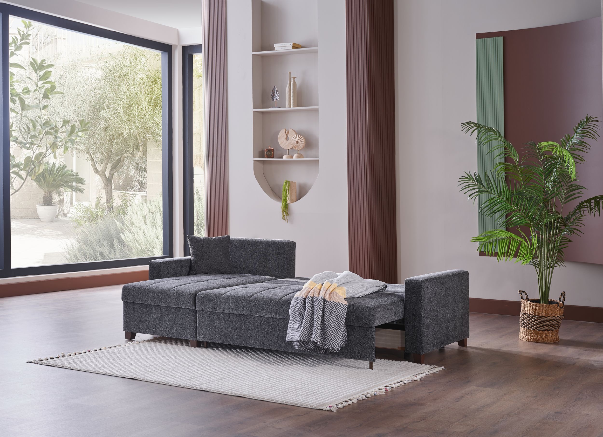 Mocca Chenille Fabric Reversible Sleeper Storage Sectional