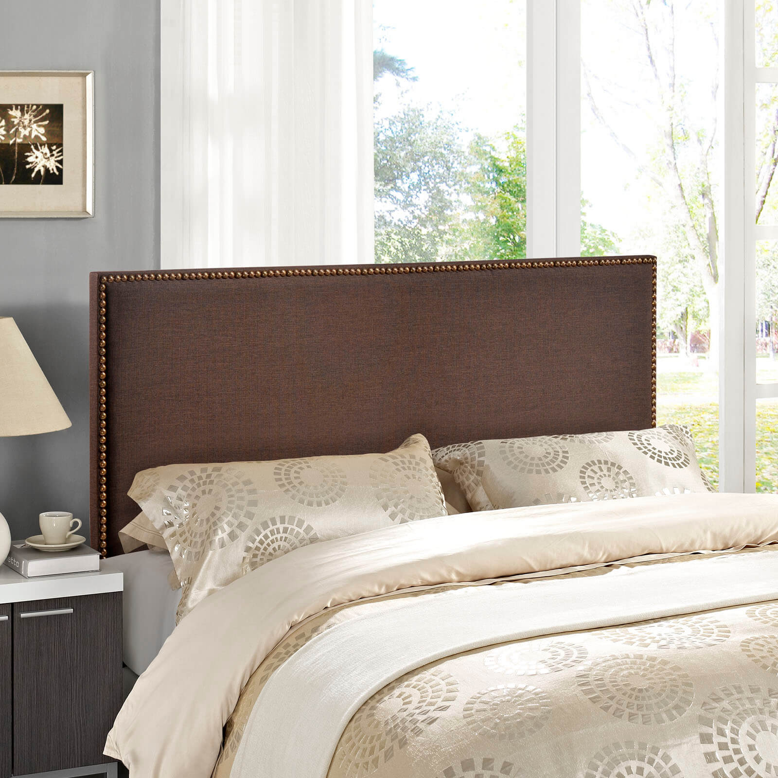 Region Queen Nailhead Upholstered Headboard, Dark Brown by Modway Furniture