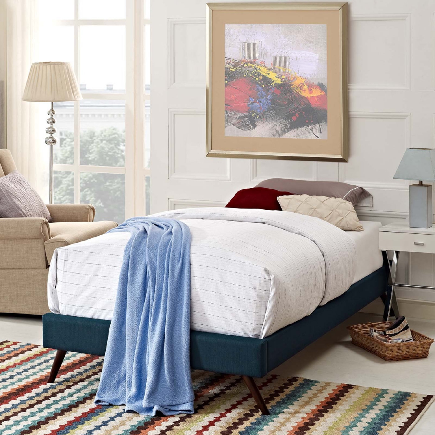 Loryn Twin Fabric/Wood Bed Frame with Round Splayed Legs, Azure by Modway Furniture