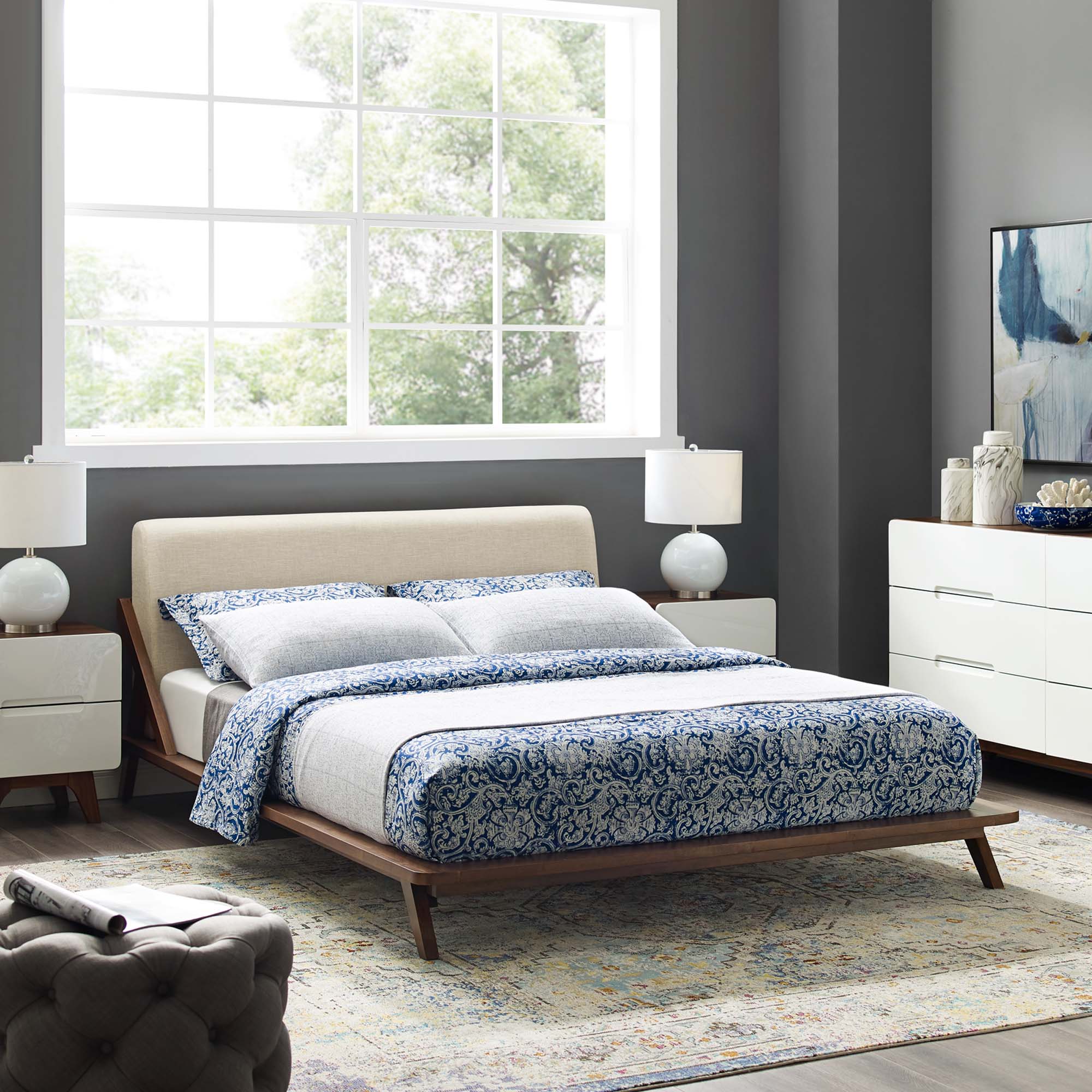 Walker Edison | Mid-Century Modern Winged Edge Headboard King Size Bedframe