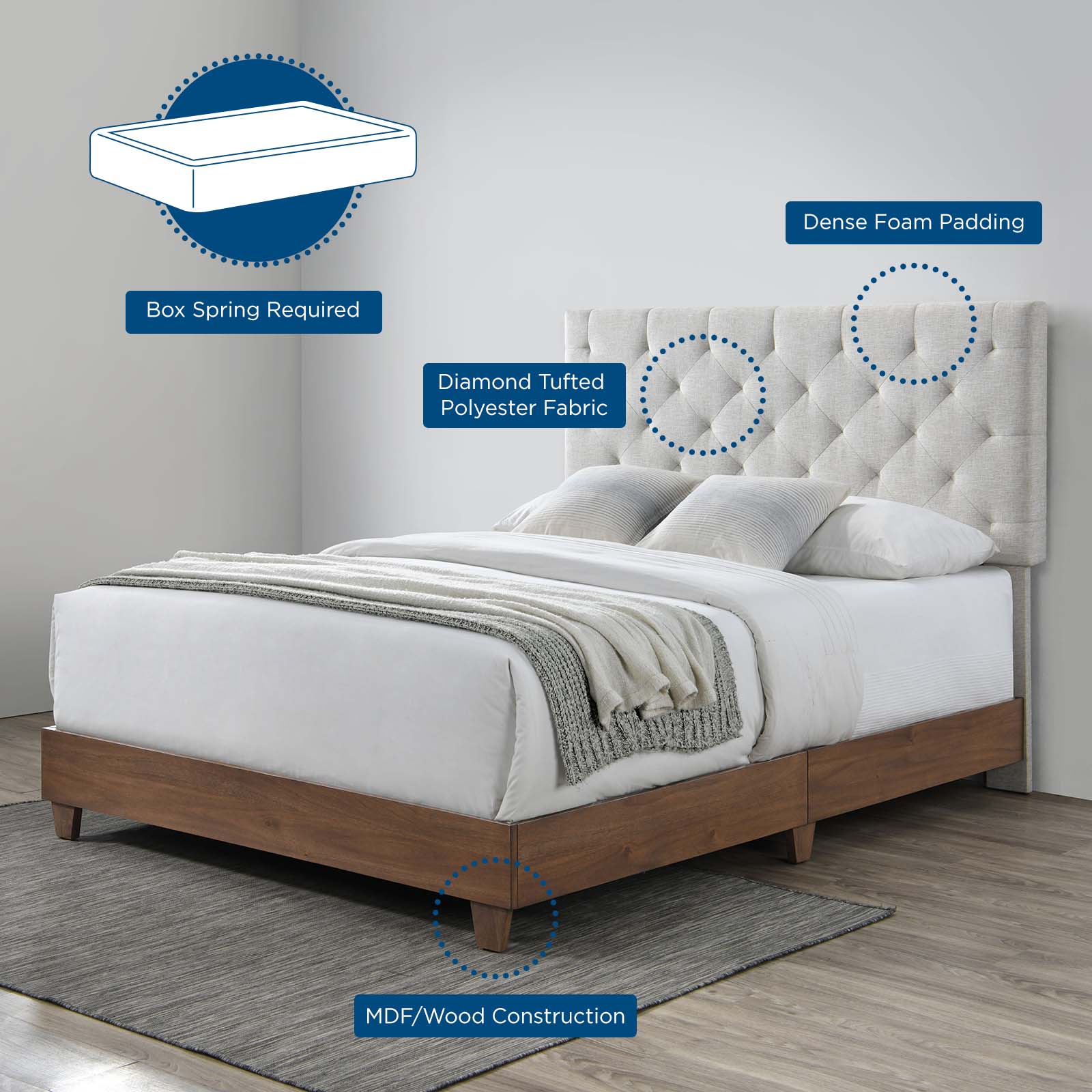 Rhiannon Diamond Queen Tufted Upholstered Fabric Bed