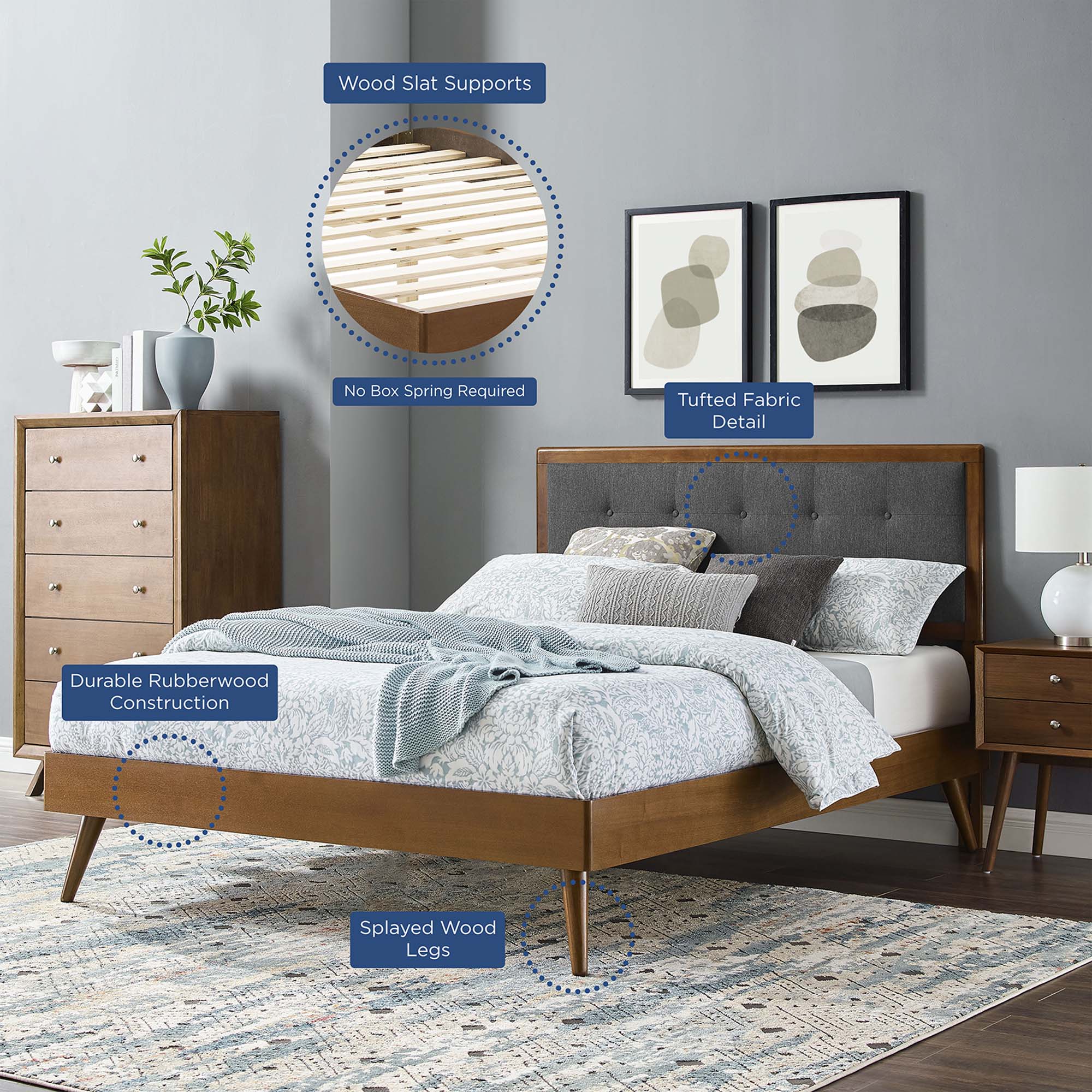 Willow Wood Queen Platform Bed With Splayed Legs