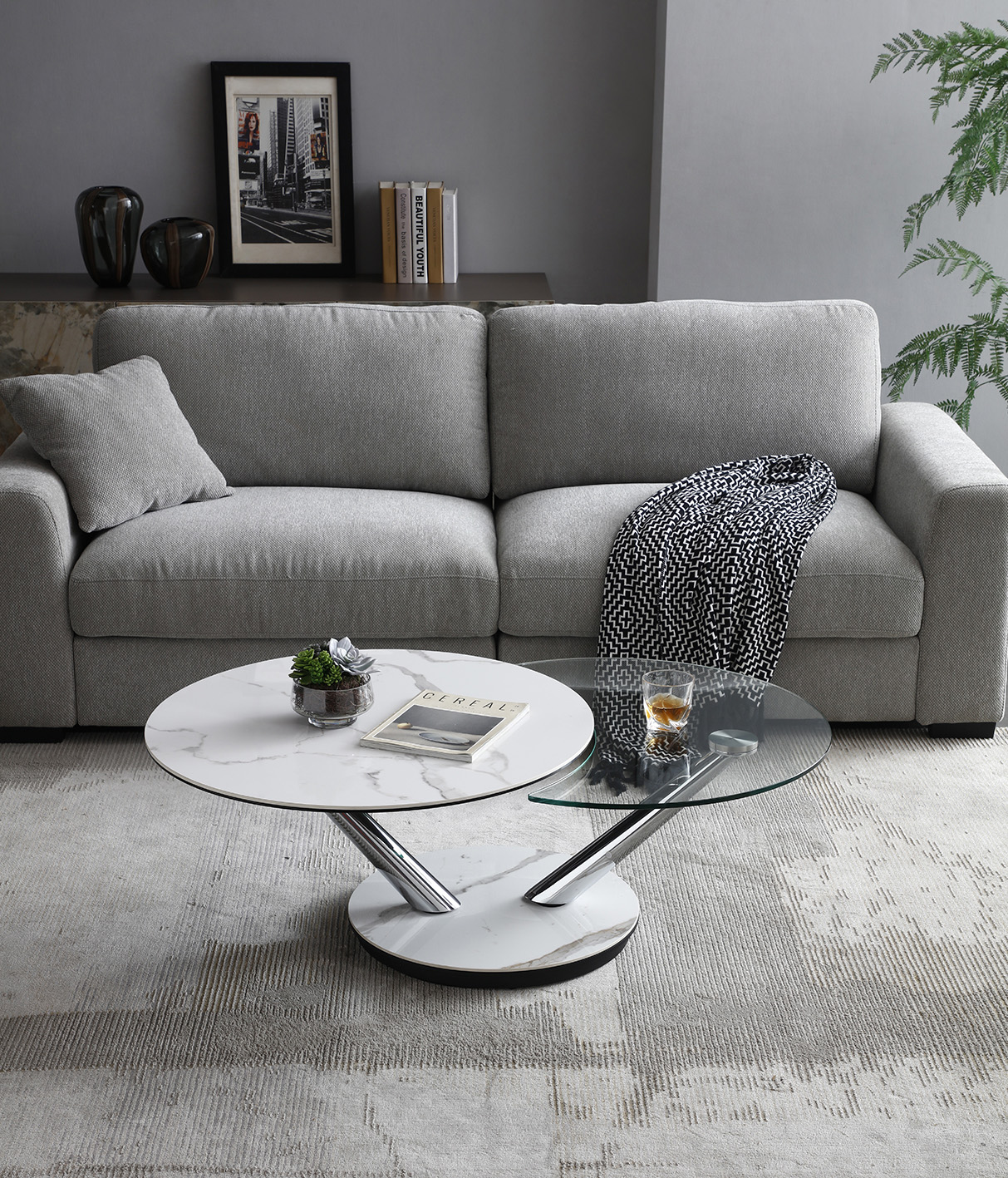 Moon Glass/Marble Dual Swivel Top Coffee Table