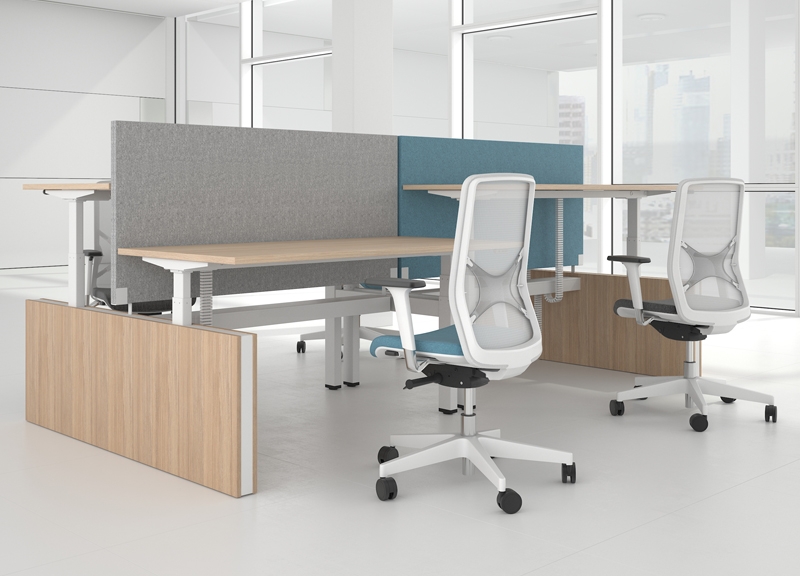 Motion 70.8" Electric 3 Columns Adjustable Office 2-Desk Bench w/One Open Metal Leg