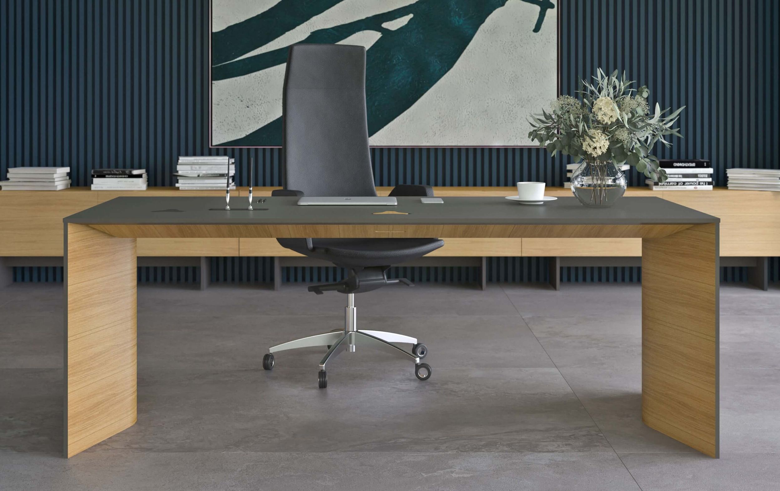 Move 70.8" Executive Fixed Desk w/Fixed Pedestal, Built-in Power Socket Block, Grommet, Cover for Power Socket & Qi Wireless Charging
