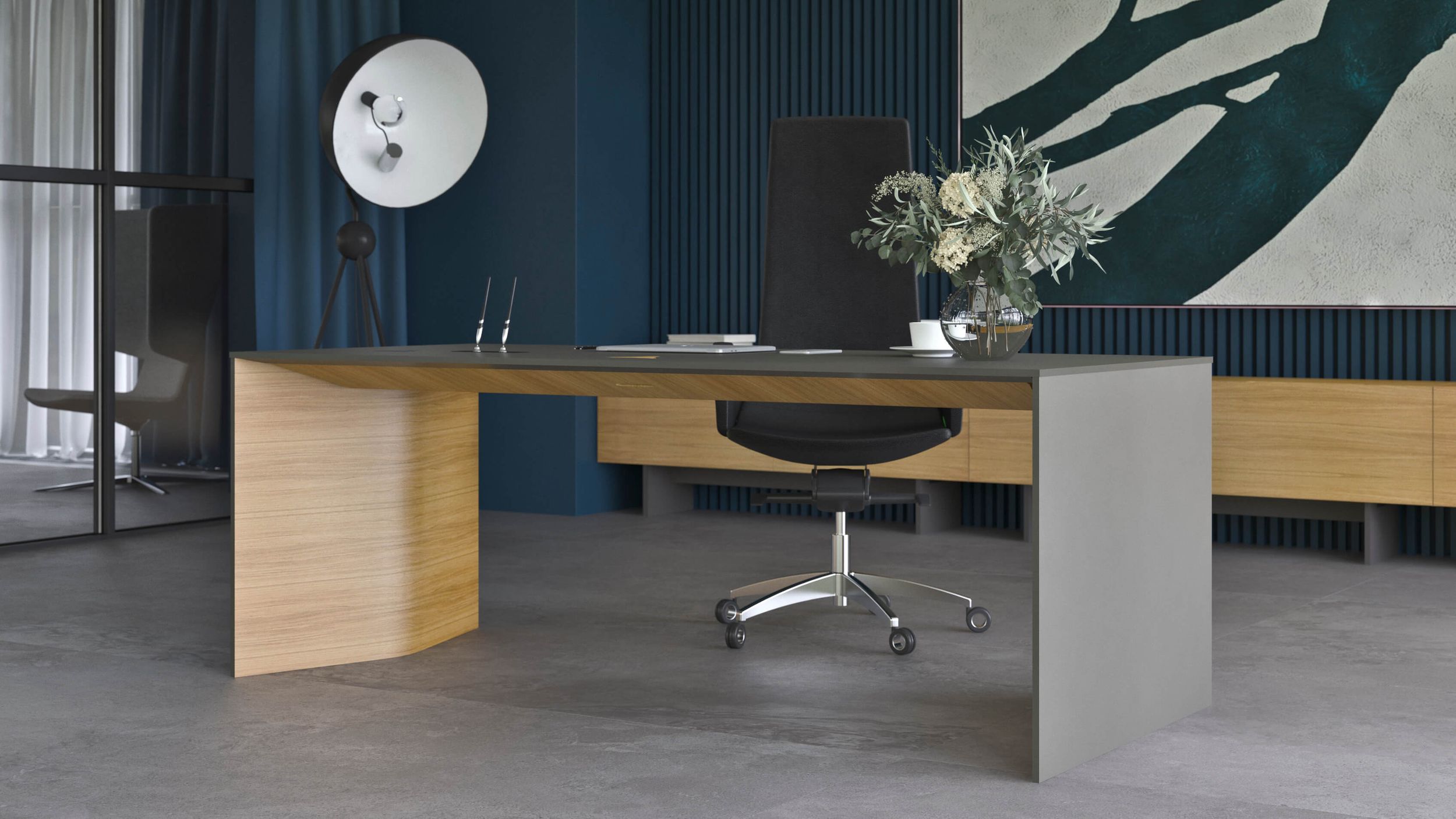 Move 70.8" Executive Fixed Desk w/Fixed Pedestal, Built-in Power Socket Block, Grommet, Cover for Power Socket & Qi Wireless Charging