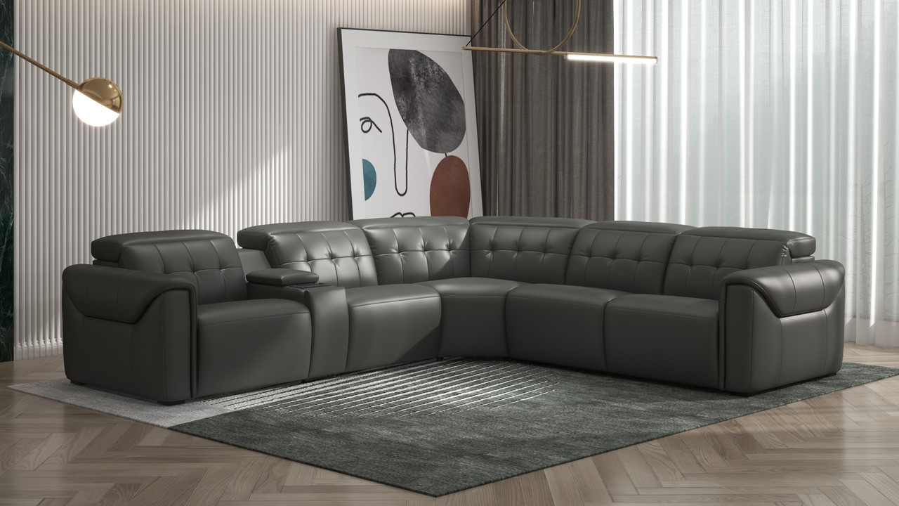 Murray Full Leather L-Shape Sectional Sofa w/3 Power Headrests & Recliners & Storage Console