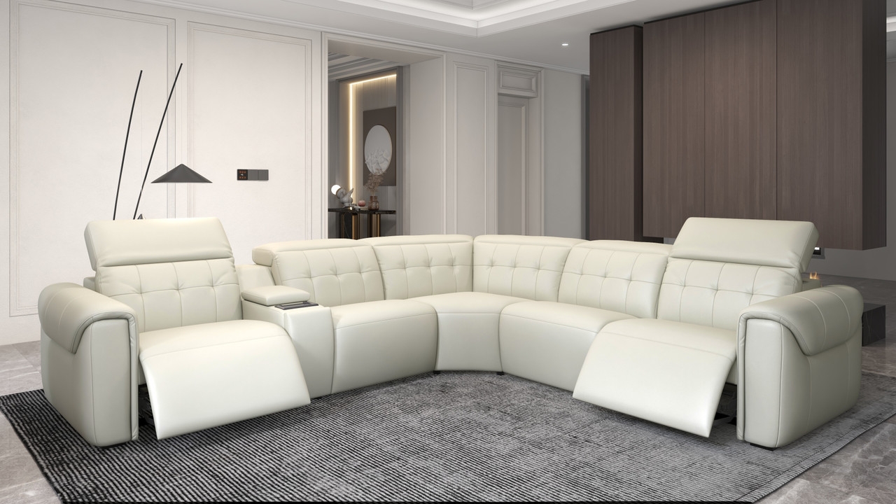 Murray Full Leather L-Shape Sectional Sofa w/3 Power Headrests & Recliners & Storage Console