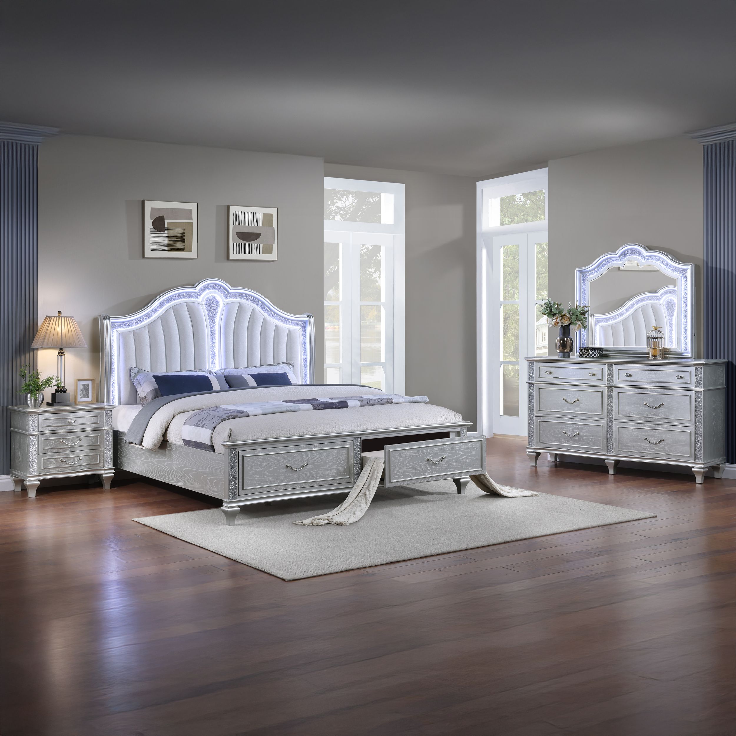 Mystic Wood Panel Storage Bedroom Set w/LED Light