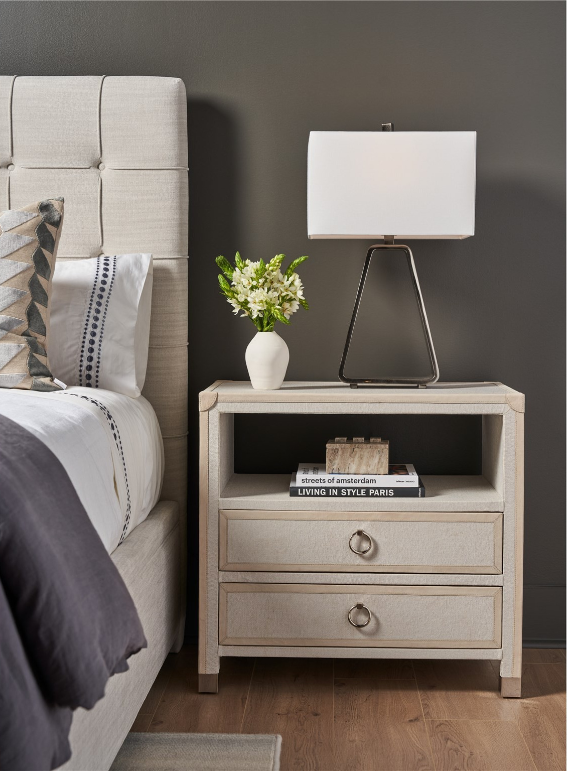 Riven Wood/Fabric/Leather Nightstand w/2 Drawers