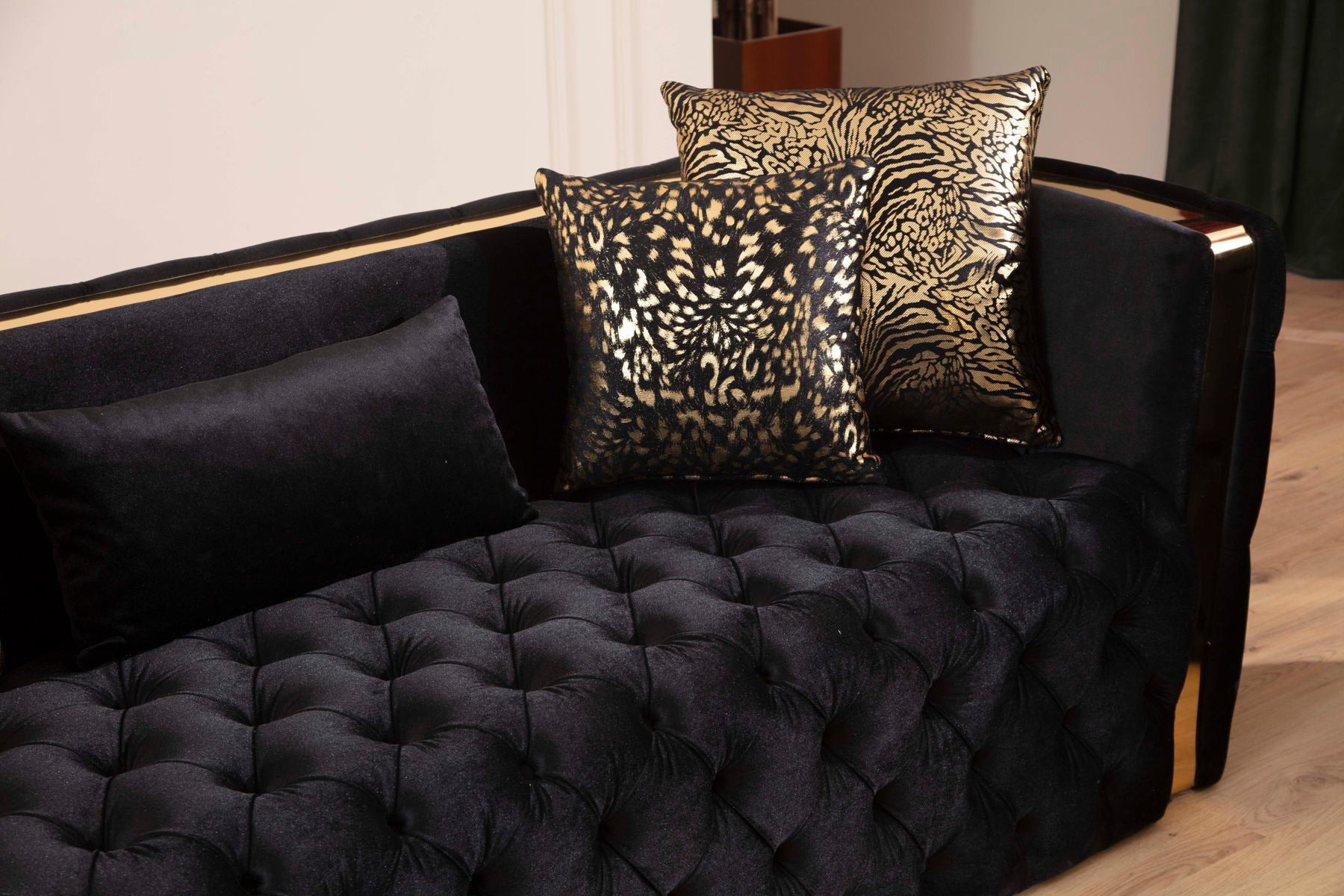 Button Tufted Sofa with Velvet Fabric and Gold Accent