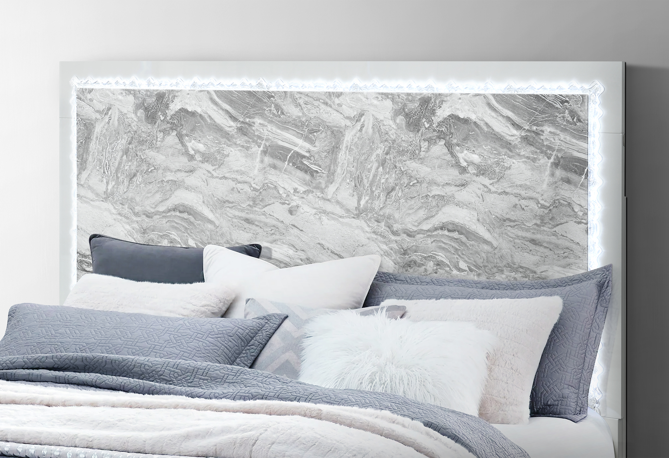 Naomi Queen Size Platform Bed with LED and Marble Headboard