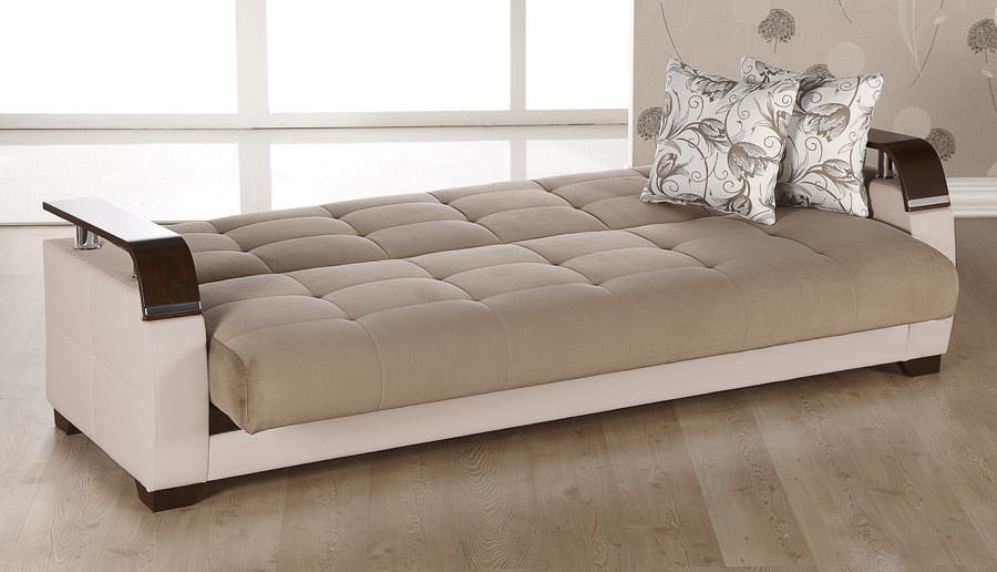 Natural Fabric/PU Storage Sleeper Sofabed w/Wooden Armrests