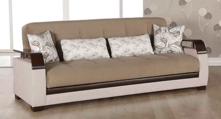 Natural Fabric/PU Storage Sleeper Sofabed w/Wooden Armrests