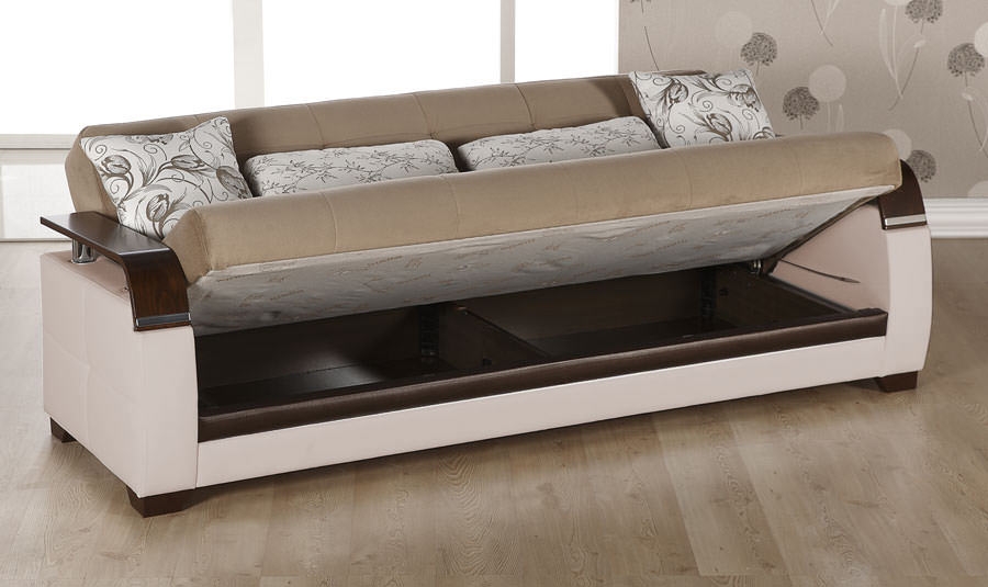 Natural Fabric/PU Storage Sleeper Sofabed w/Wooden Armrests